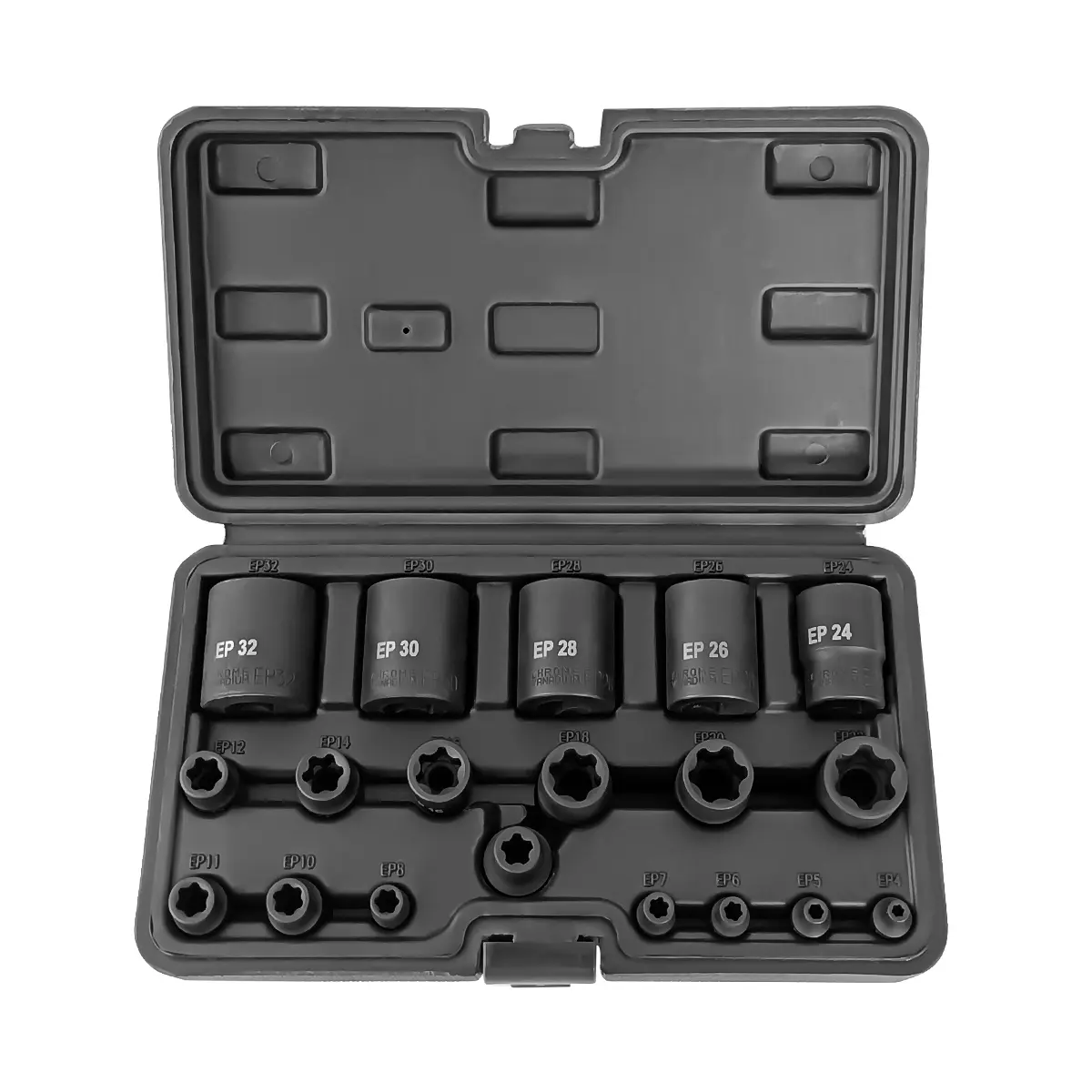 19-Piece Ep Socket Set for Disassembly, Chrome Moly Steel Construction, Hex Head Design, Sturdy Iron Structure, Chrome Plated Finish, Heavy Duty Hardware
