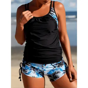 2pcs Women'S Tankini Swimsuit, Tummy Control Floral Print Bathing Suit with Shorts, Sleeveless Racerback Swim Top And Drawstring Bottom Set, Plus Size Beachwear Resort Outfits