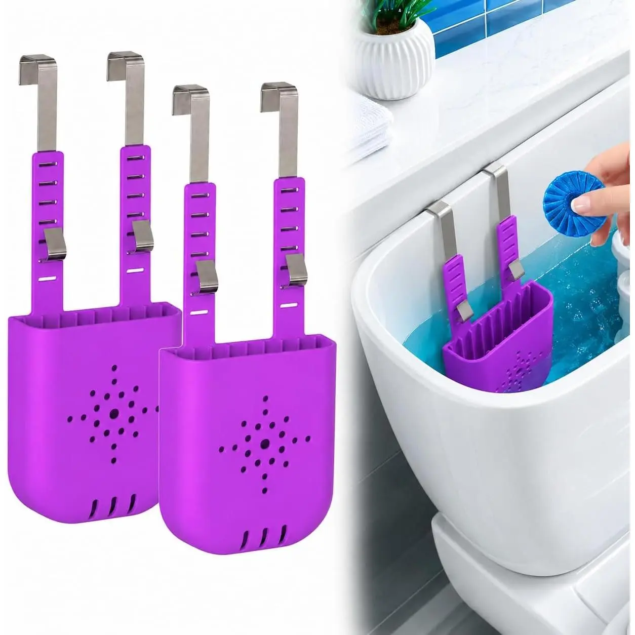 2Pcs Adjustable Toilet Tank Tablet Holder, Hanging Silicone Basket Carrier with Rustproof Hooks, Adjustable Height Toilet Tank Tablet Holder (Purple)
