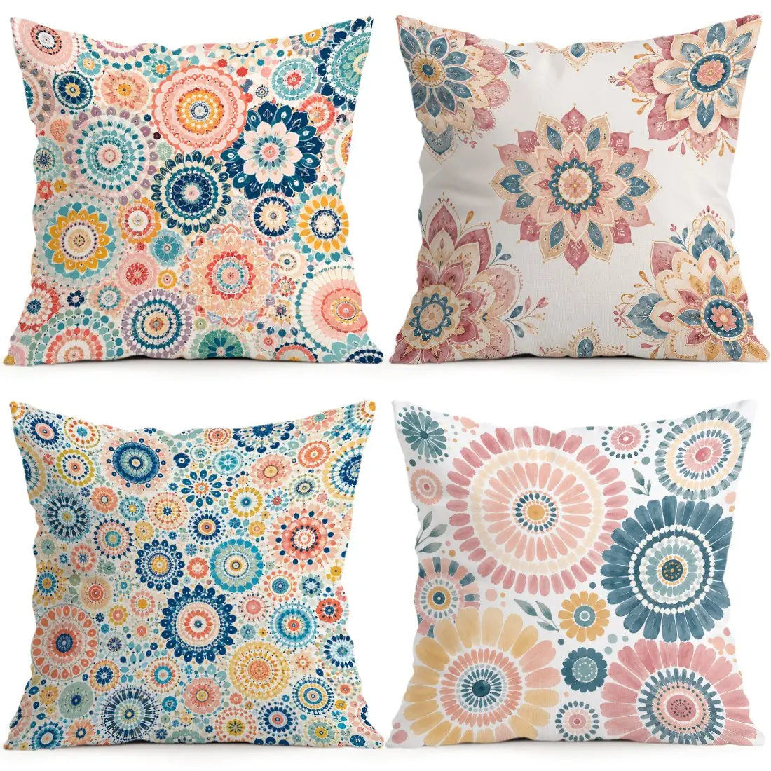 4pcs Vintage Mandala Pattern Cushion Covers for All Seasons, Single-Sided Print Decorative Pillowcases for Living Room and Bedroom, Home Decor Without Pillow Inserts