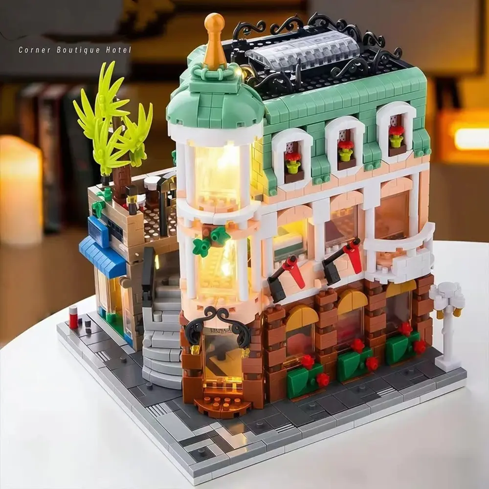 City Street View Building Blocks Set, Urban Corner Hotel & Police Station Architecture Model Bricks, DIY Assembly Ornament Toy, Gift for Boys Girls Teen Collectors