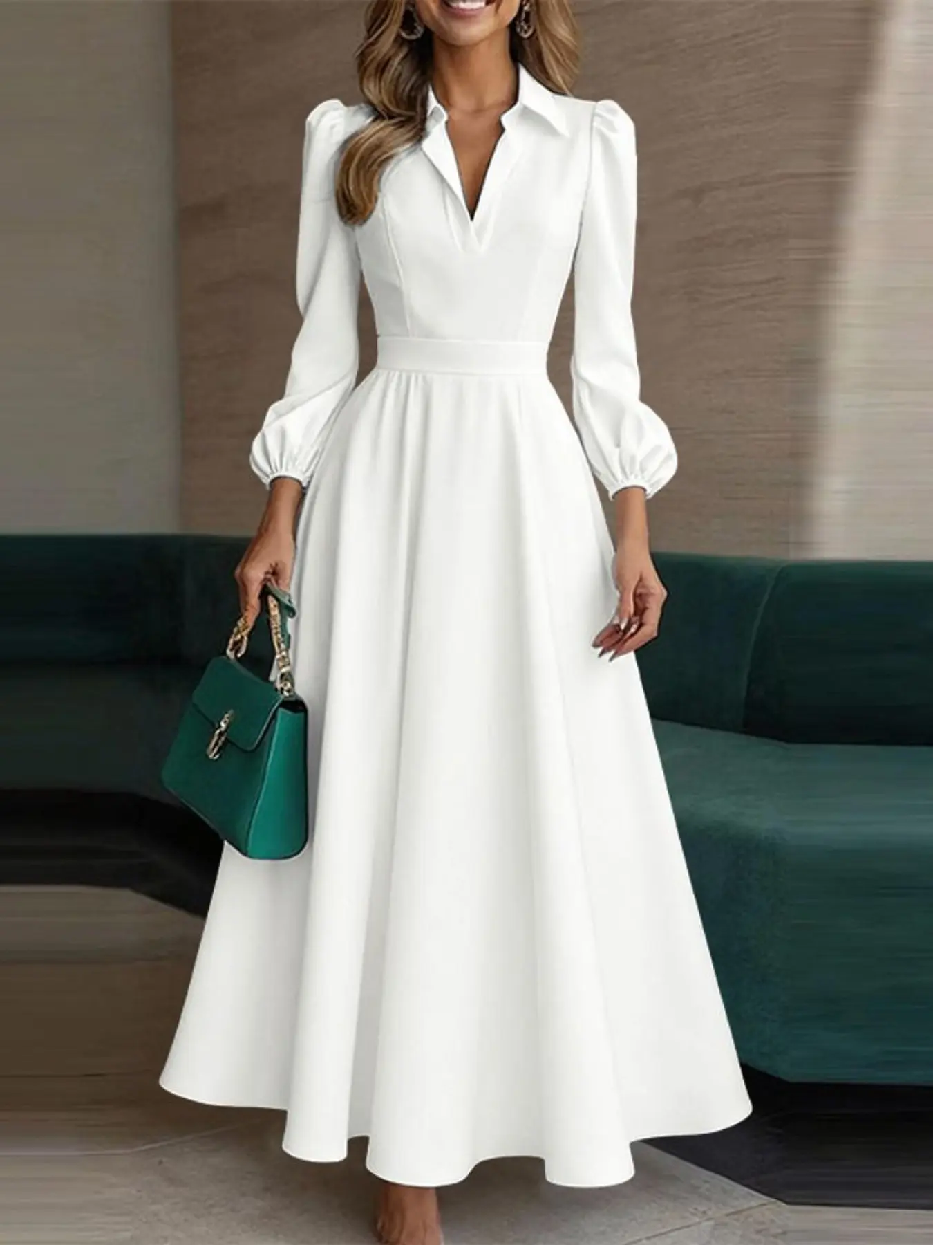 ZANZEA Women's Elegant Solid Color Dress, Stand Collar Long Sleeve Waist Cinched A-Line Side Zip Design, Suitable for Daily Commuting