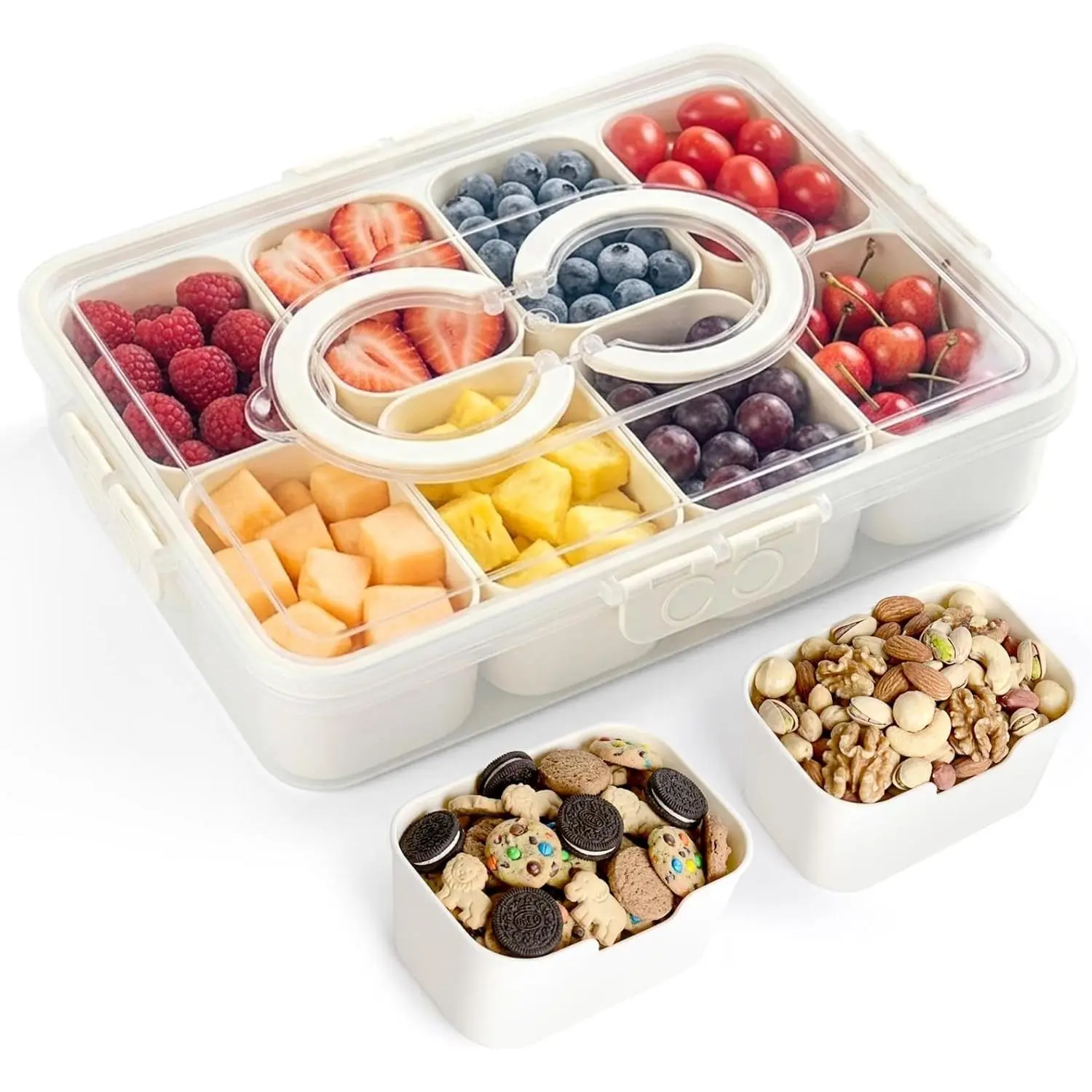 Snackle Box Container 1 Pack, 8 Compartments, Portable Clear Travel Organizer with Lid & Handle, Dishwasher Safe, Ideal for Candy & Nuts