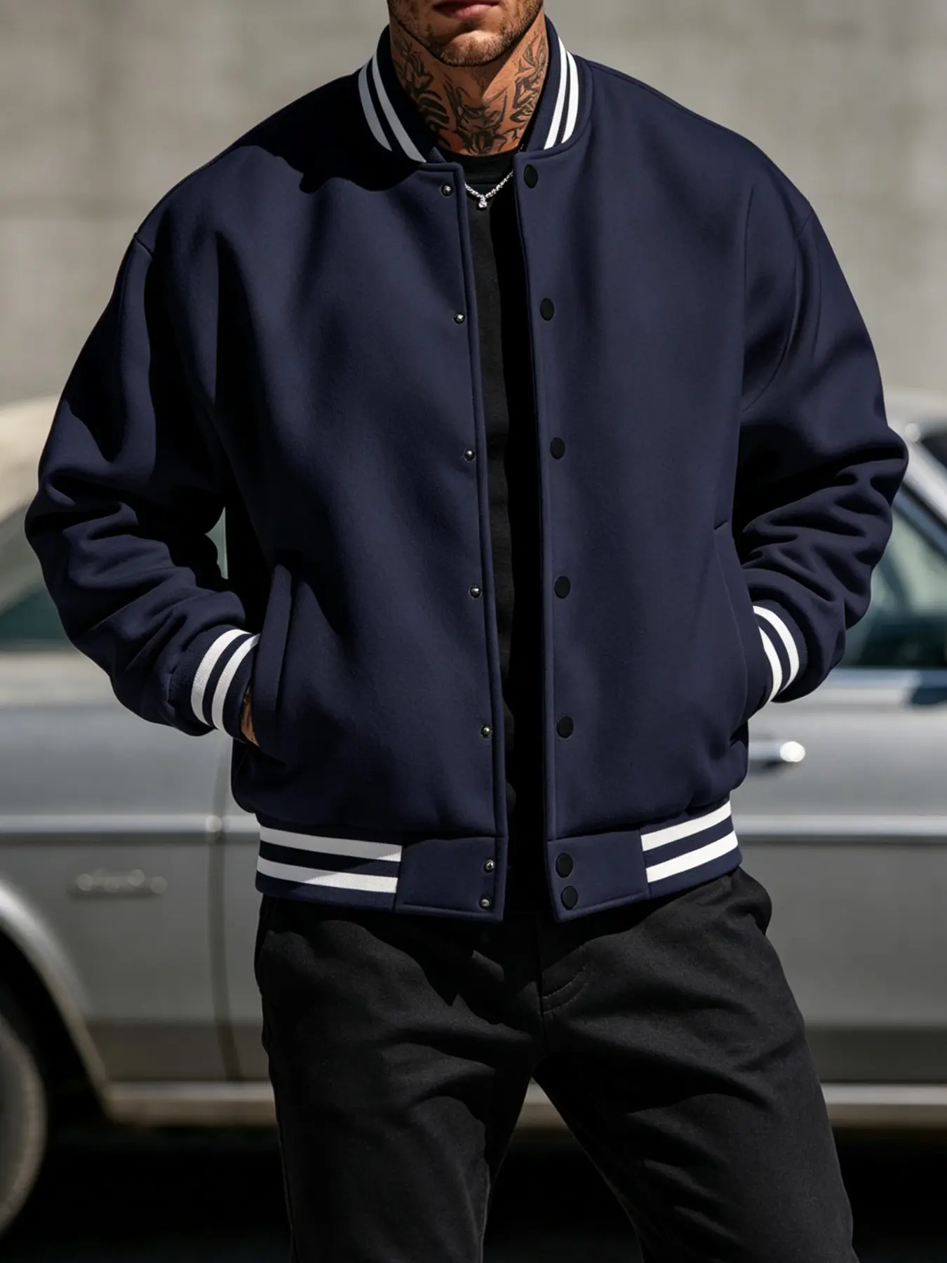 Men's Classic Striped Rib Varsity Baseball Jacket, Button Down Solid Color Bomber Coat, Relaxed Loose Fit Retro Streetwear Outerwear, Casual Preppy Style Jacket for Daily Commute Street Outfit, Multiple Colors Plus Size S‑3XL, Street Fashion Outerwear