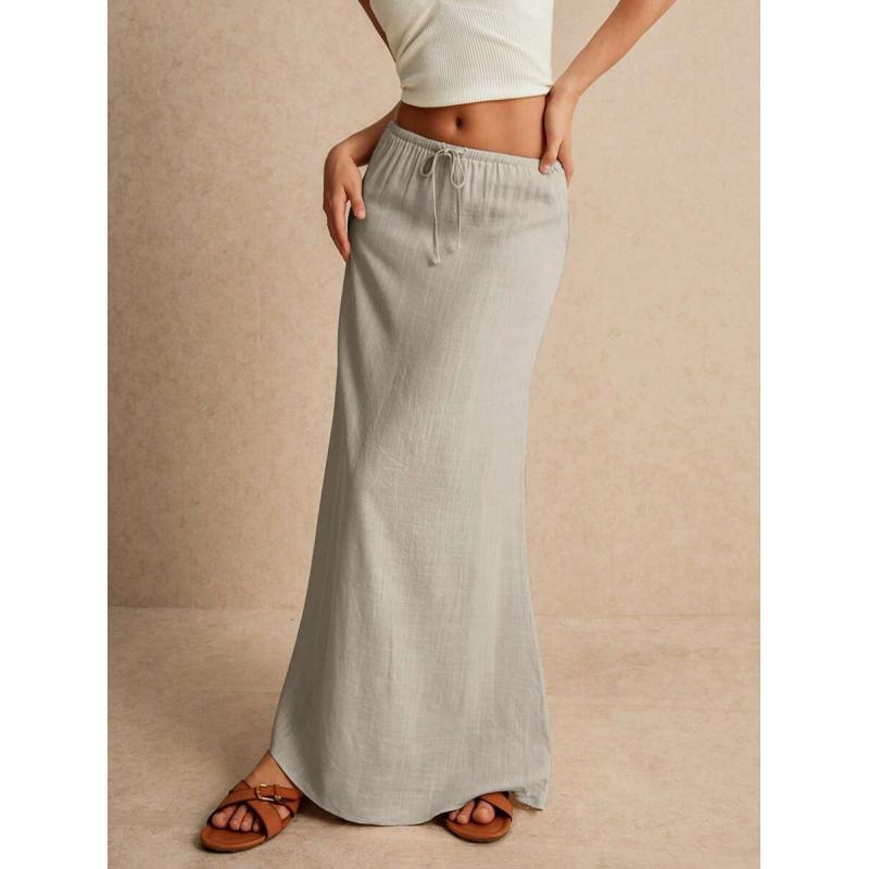 LYD- Women's White Maxi Skirt - Minimalist Drawstring Linen Fabric, Regular Fit, Casual Style, All Seasons Bottoms for Home Wear -LYD sport summer smash women leopard vertical bell