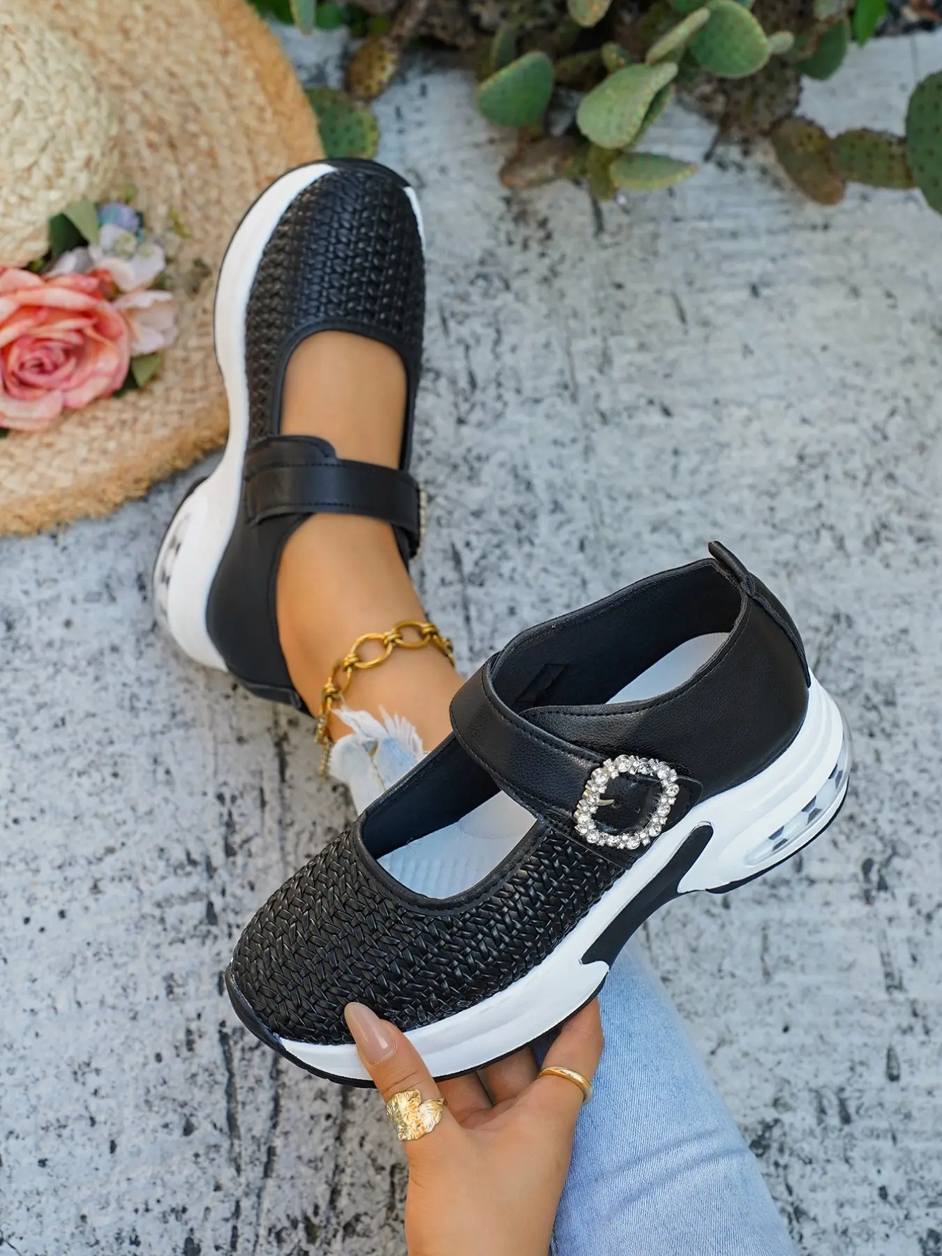 Women Woven Mary Jane Platform Sneakers Rhinestone Buckle Strap Air Cushion Slipresistant Casual Walking Shoes Zapatos Affordablefashion Back To School Multi‑Color