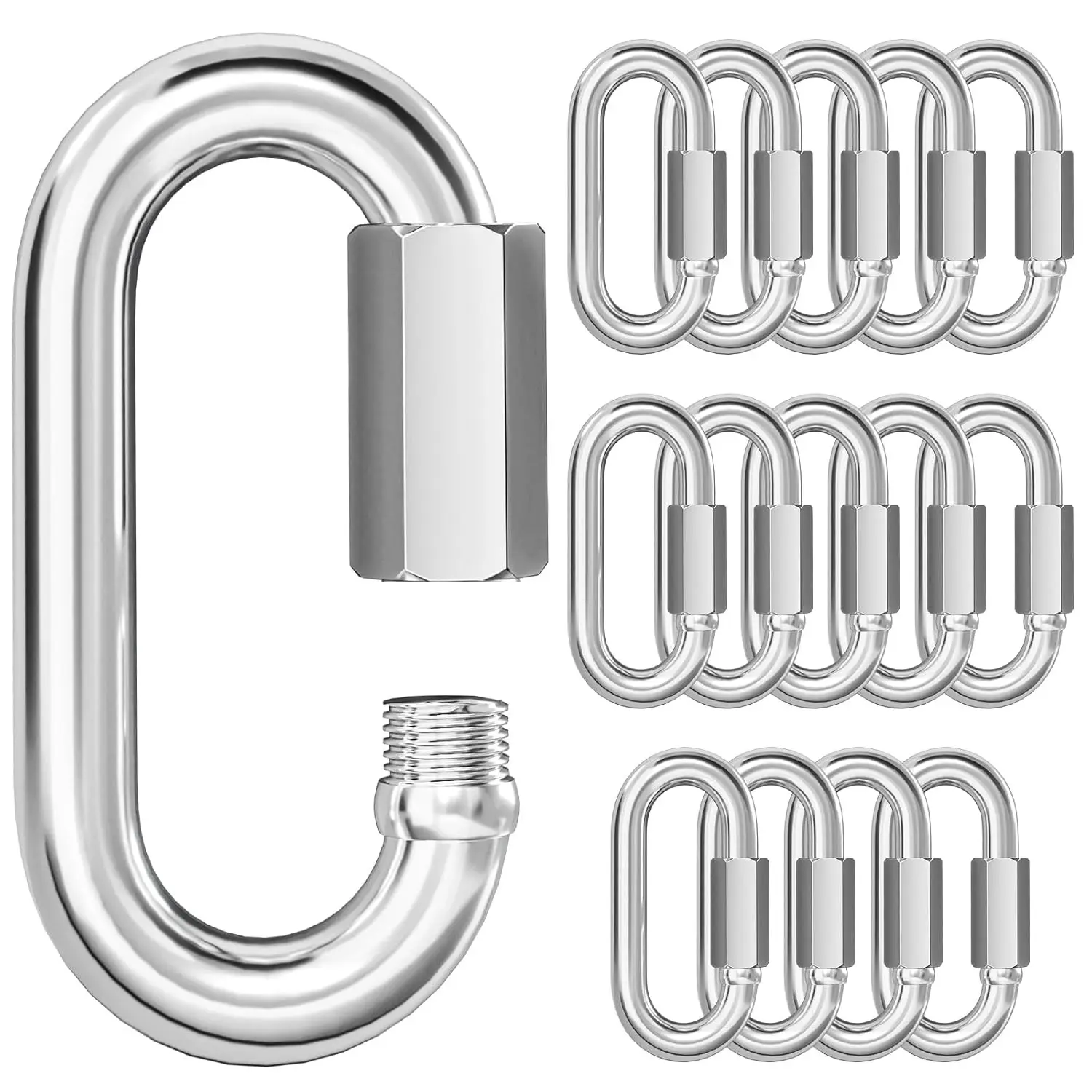 Quick Link Chain Connector, 304 Stainless Steel 15PCS M6 1/4 Screw Carabiner, Small Locking Carabiner Clips Heavy Duty Chain Hooks for Towing, Swing, Shade Sail-Capacity 875LB