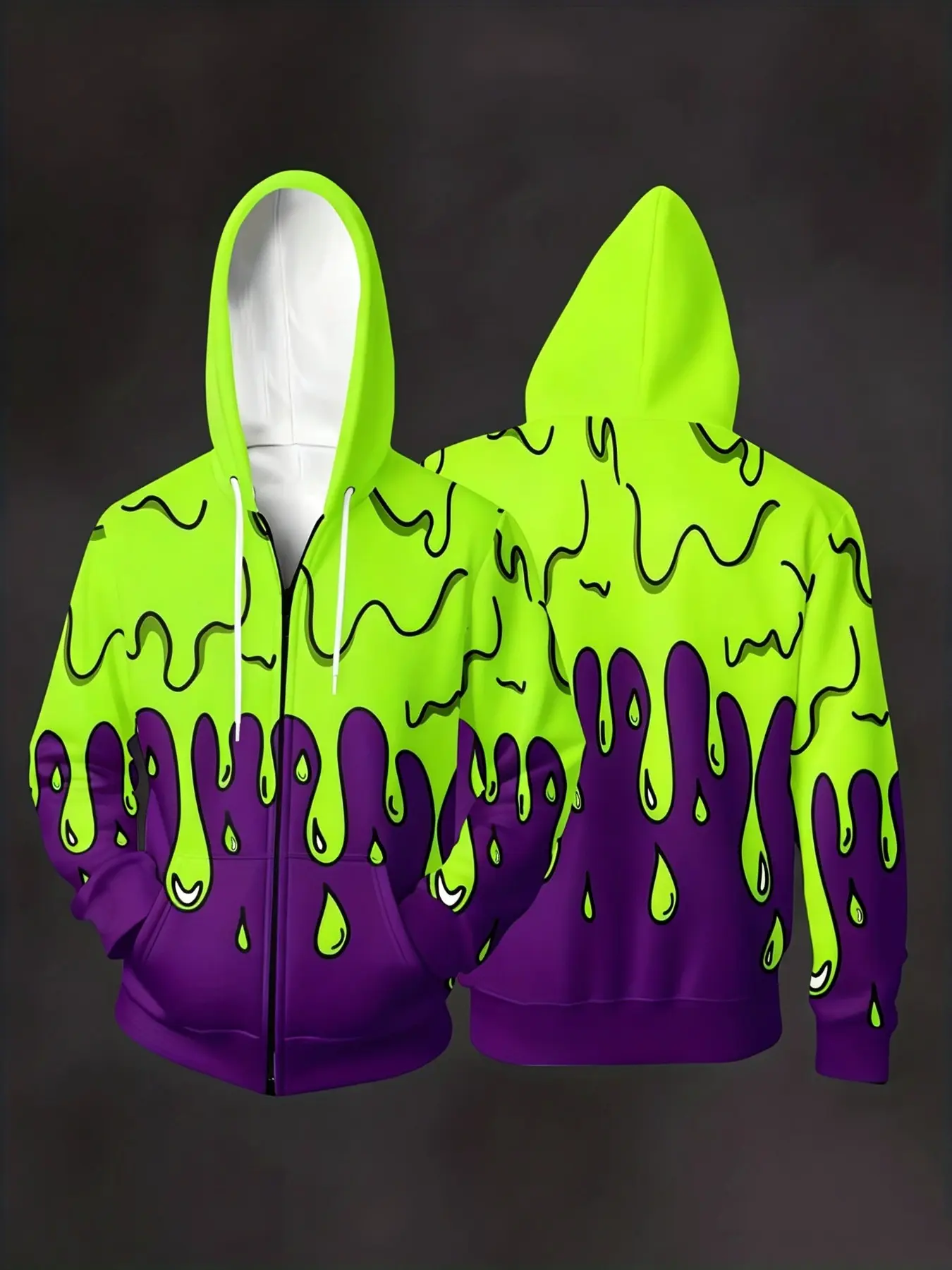 Men Zip Up Hoodie, Green Purple Slime Drip Full Print Drawstring Jacket, Long Sleeve Casual Streetwear Loose Fit Outerwear Daily Fashion Hooded Coat.