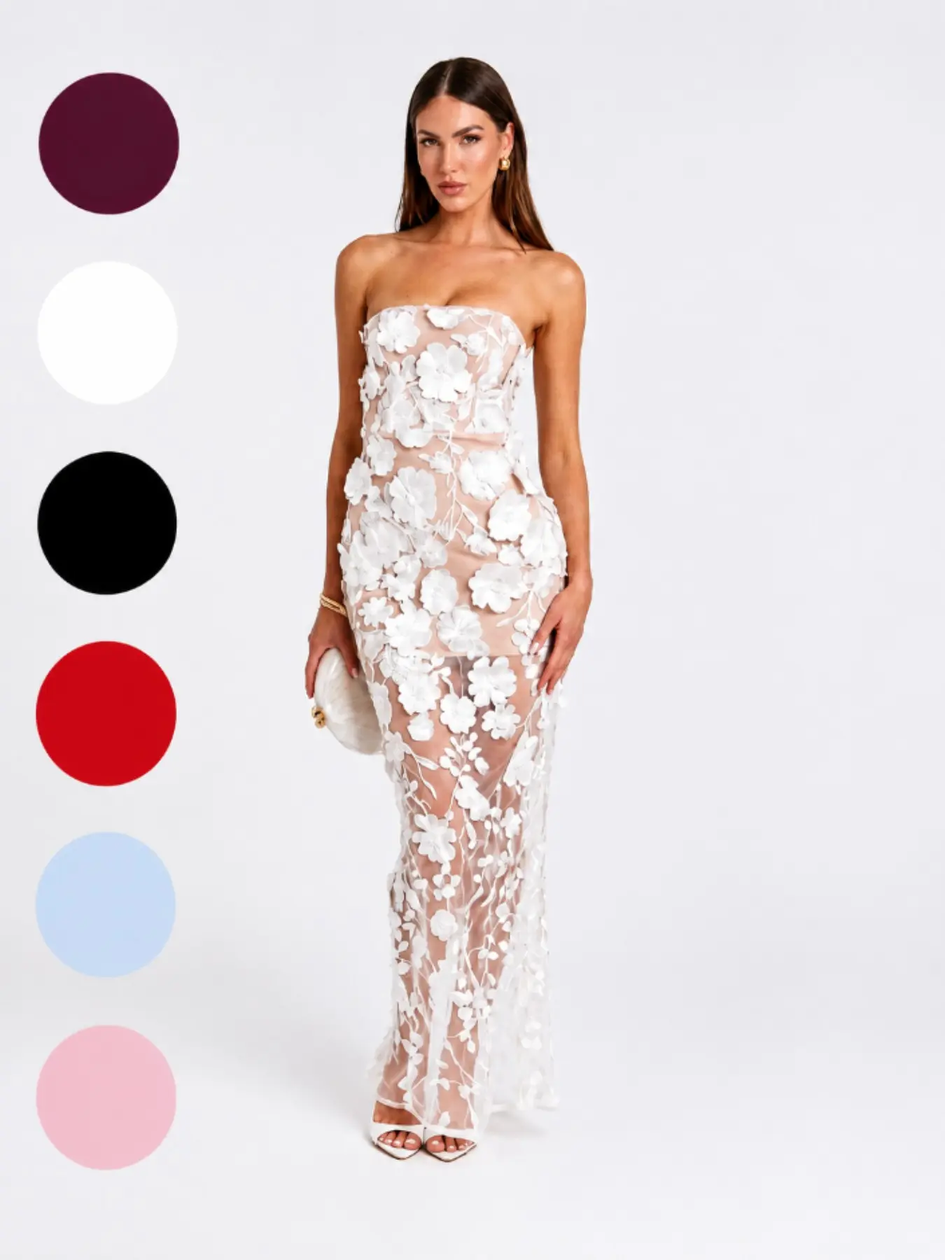 Elegant 3D Floral Appliqué Strapless Sheer Mesh Bodycon Maxi Dress for Women, Wedding Guest, Cocktail Party, Gala, Prom & Formal Evening Gown