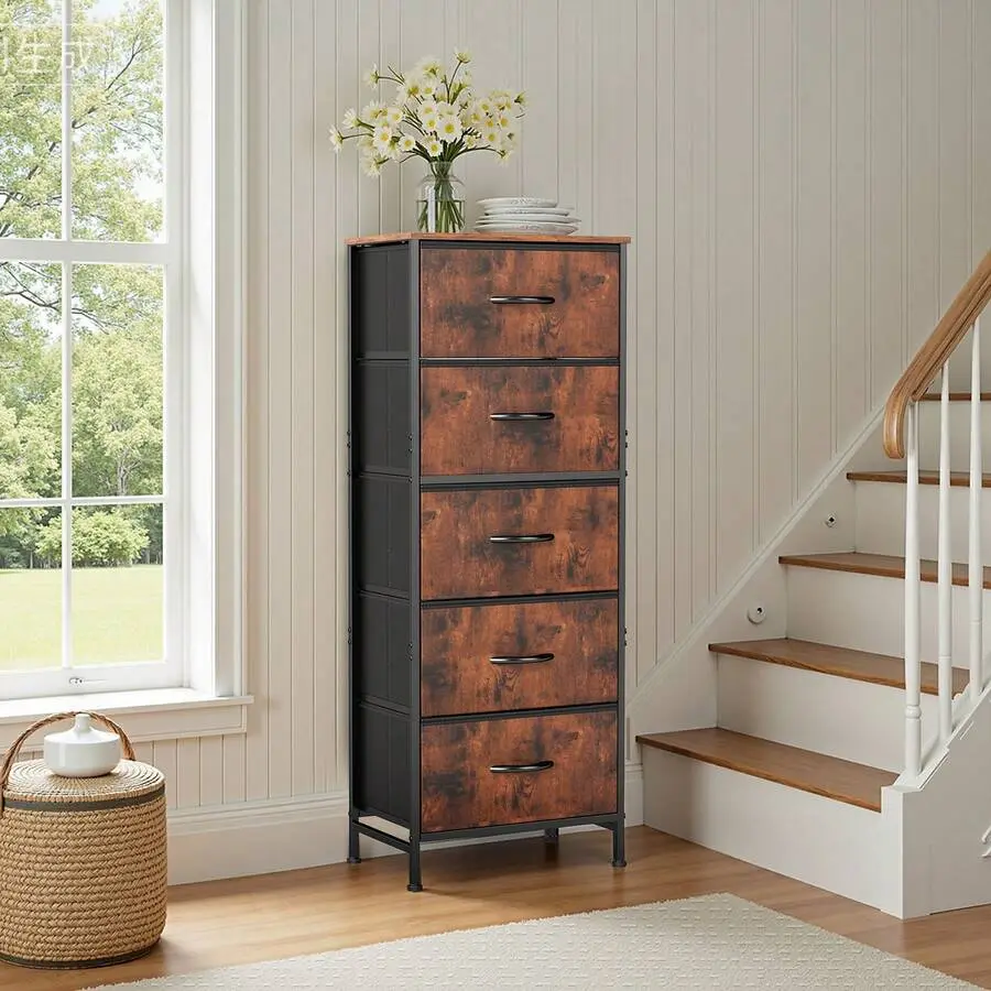 5 Drawer Dresser With Bins, Sturdy Steel Frame And Wood Top, Storage Organizer Chest Bedroom, Closet, Hallway, Rust