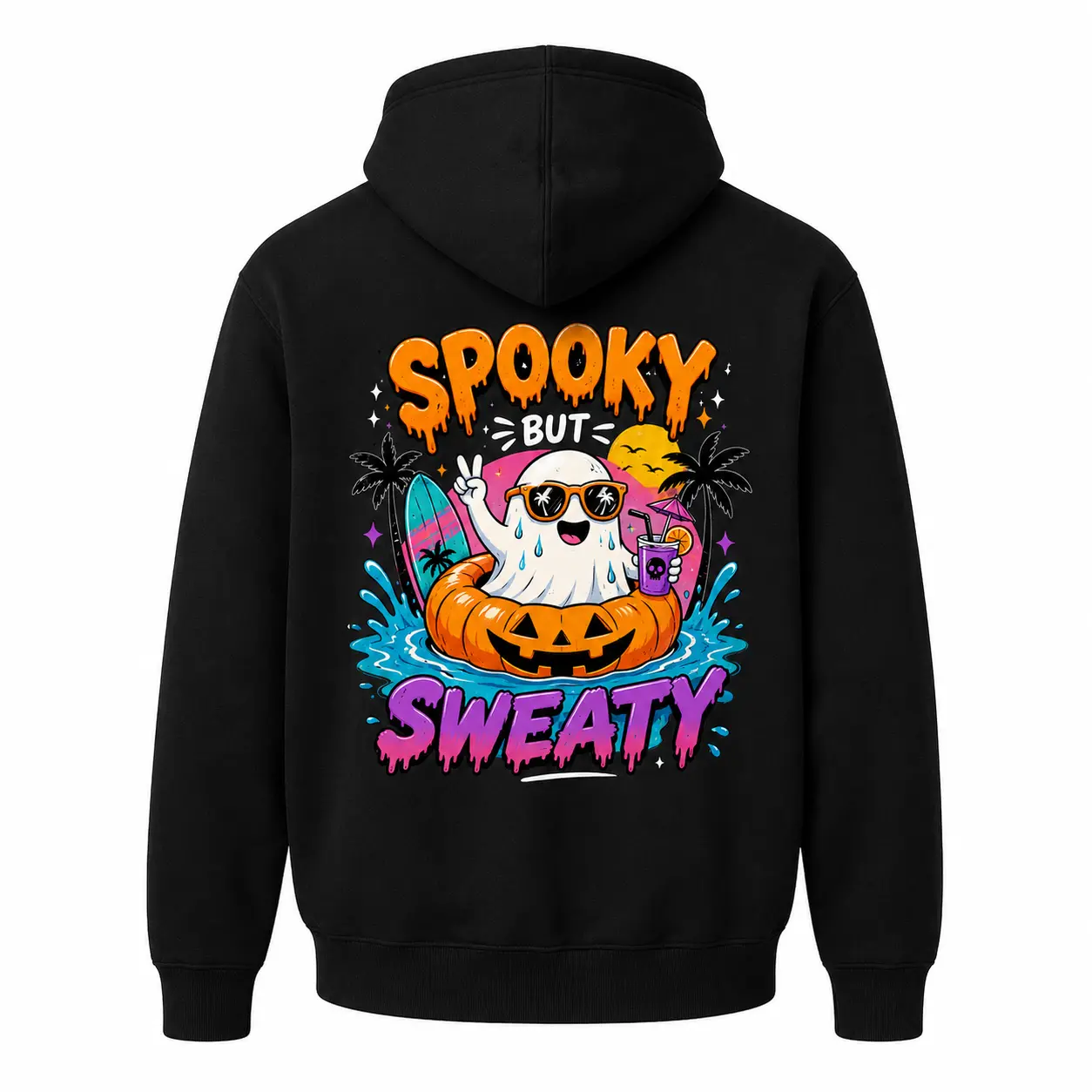 Spooky But Sweaty Hoodie, Funny Summerween Ghost Sweatshirt, Pumpkin Pool Float Graphic Pullover, Cute Halloween Summer Hoodie