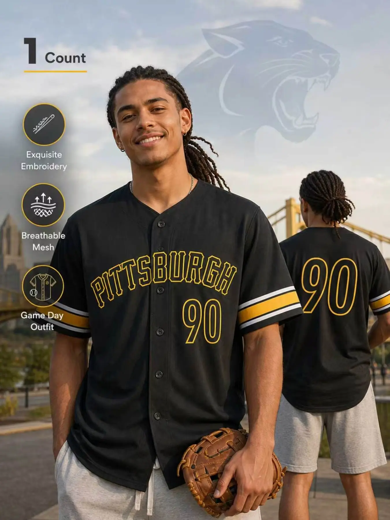 Men's Embroidered Baseball Jersey Black Pittsburgh #21 #90 Short Sleeve Button Down Casual Softball Sports Shirt Top