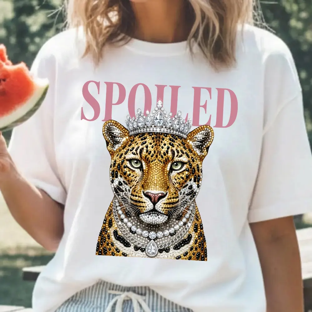 Trendy "SPOILED" Leopard Back Graphic Tee | Princess Crown Rhinestone Y2K Aesthetic T-Shirt for Women Men, Oversized Streetwear Casual Short Sleeve Cotton Top