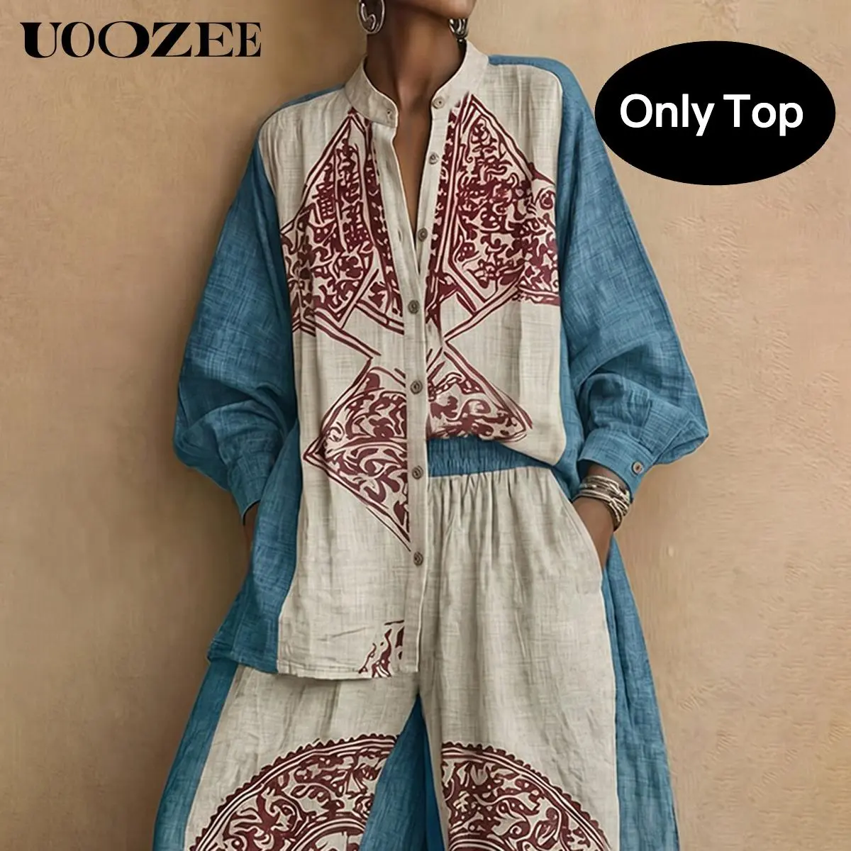 UOOZEE Women Ethnic Tribal Print Contrast Patchwork Button Down Shirt(TOP ONLY), Oversized Puff Long Sleeve Boho Blouse Vintage Stand Collar Casual Vacation Top Blouse