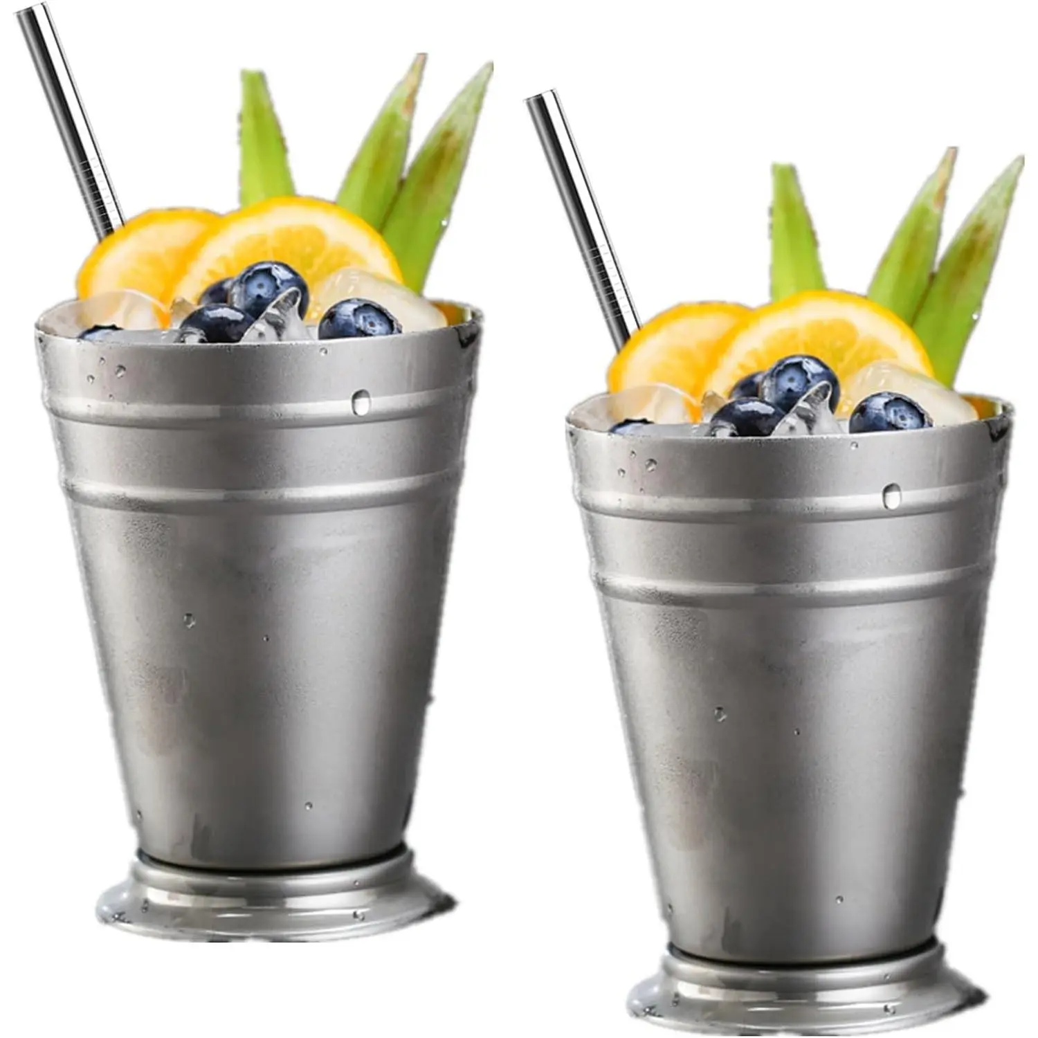 Set of 2 Mint Julep Cups, 12 oz Stainless Steel Drinking Cups with Straws, Silver Vintage Metal Cocktail Glasses for Derby Party Supplies, Outdoors, Camping, Beer Juice Beverage