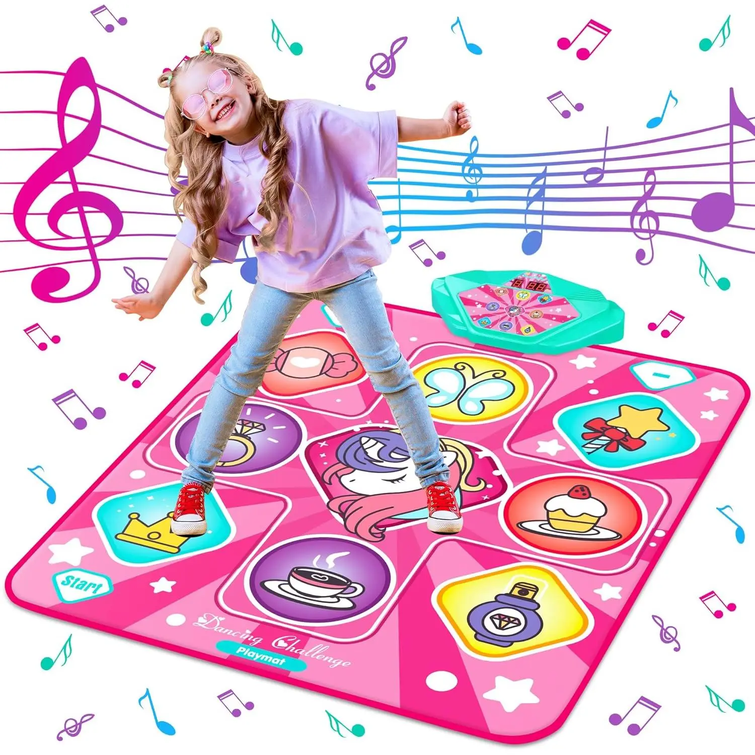 Unicorn Dancing Mat, Rhythm Dancing Step Game Mat, Pink Dancing Mat with LED Lights, Adjustable Volume, Built-in Music, 5 Game Modes, Christmas Birthday Gift Toy for Girls Aged 3-12