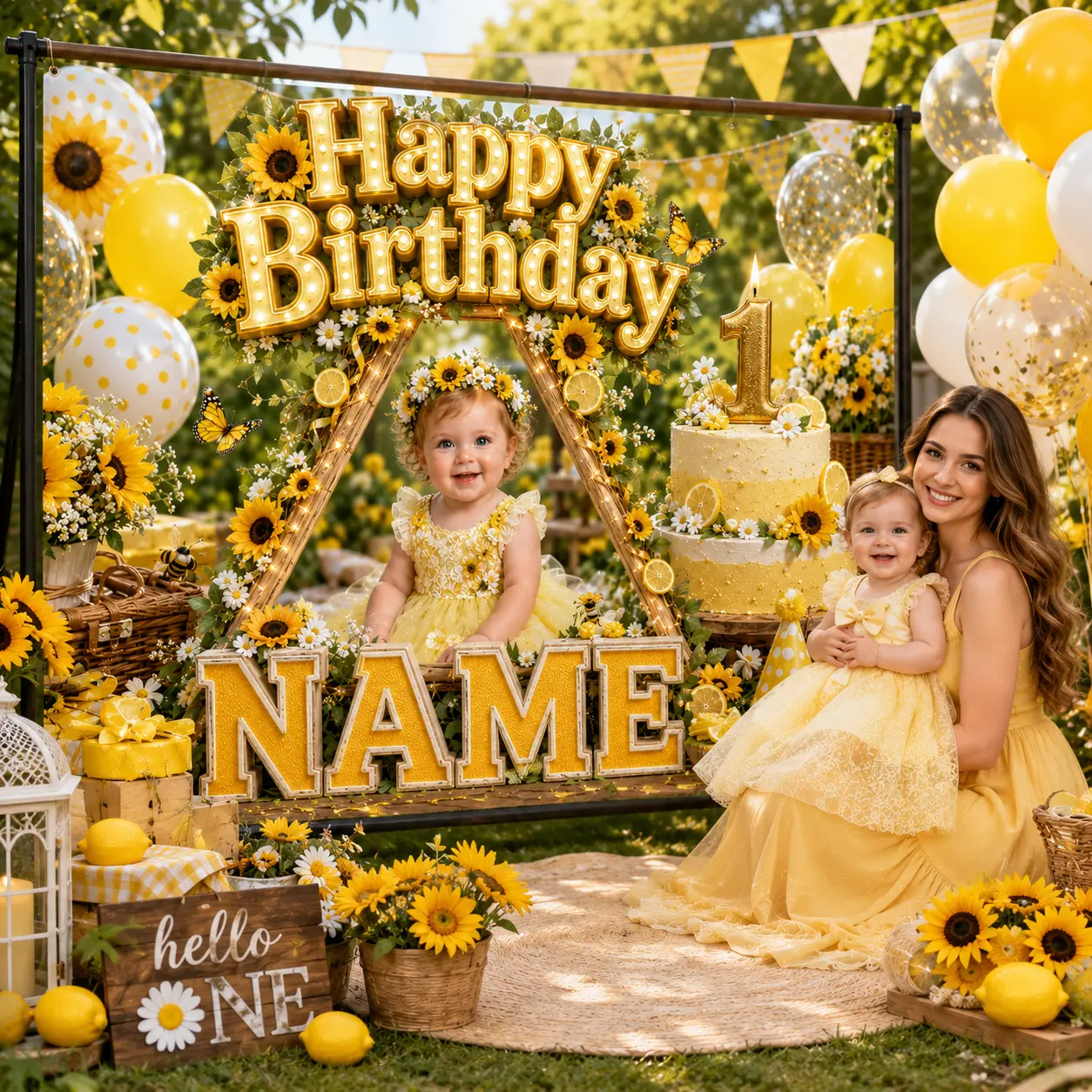 Personalized Sunflower 1st Birthday Backdrop Banner - Daisy, Floral Artwork, Photo, Name, Bees, Lemons, Butterflies, Balloons, Cake - Festive Party Supplies Gift for Home Decor
