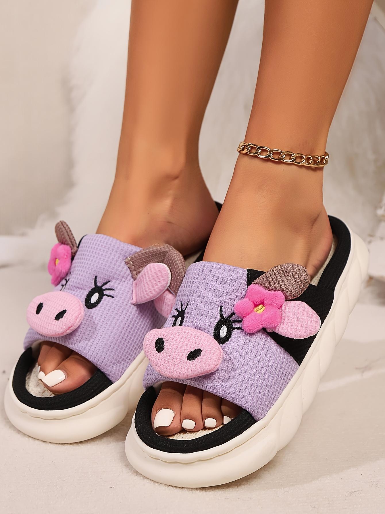 Cute Flower Cow Linen Slippers Indoor Home Use Non-Slip Odor-Resistant Outdoor Thick-Soled SandalsMinimalist Fluffy Home Slippers,Open Toe Bedroom Sandals for Gifts,Casual Soft Pink Bedroom Slippers, Fuzzy Warm Slippers for Women 2025, Walking Shoes