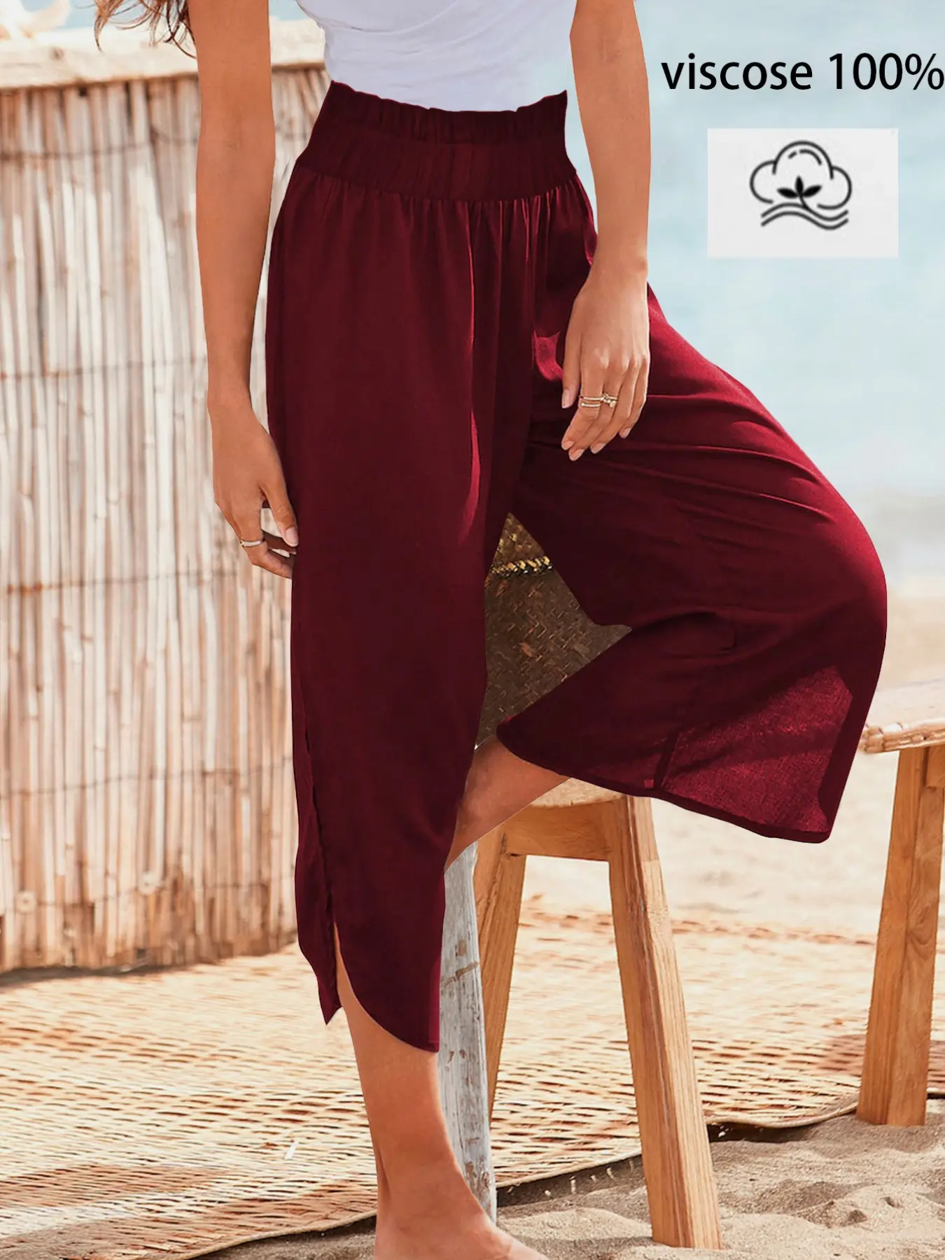 Women's High-Waisted Elastic Waist Pleated Thigh Pants, Split Design, Viscose Fabric, Solid Color, Casual Daily Wear, Travel & Home