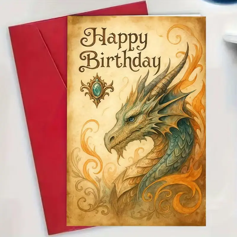 Fantasy Dragon Birthday Card with Envelope, Elegant Dragon Art Design with Golden Brown Scales, Magical Fantasy Greeting Card for Dragon Lovers, Teens and Adults, Unique Birthday Gift Card