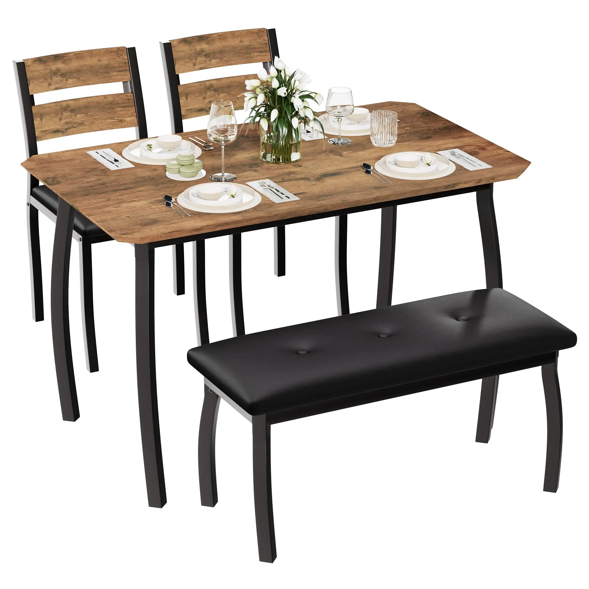 Dining Table Set for 4 People, Durable Wooden Kitchen Table with Chamfered Design and Metal Legs, Includes Upholstered Bench and 2 Classic Dining Chairs, Ideal for Home Kitchen and Dining Room