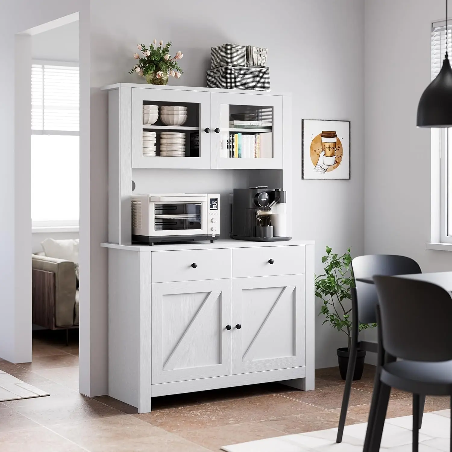 Gray Kitchen Pantry Cabinet - Microwave Stand and Hutch Buffet Cupboard - Adjustable Shelves - Tall Freestanding Storage for Dining Room and Kitchen