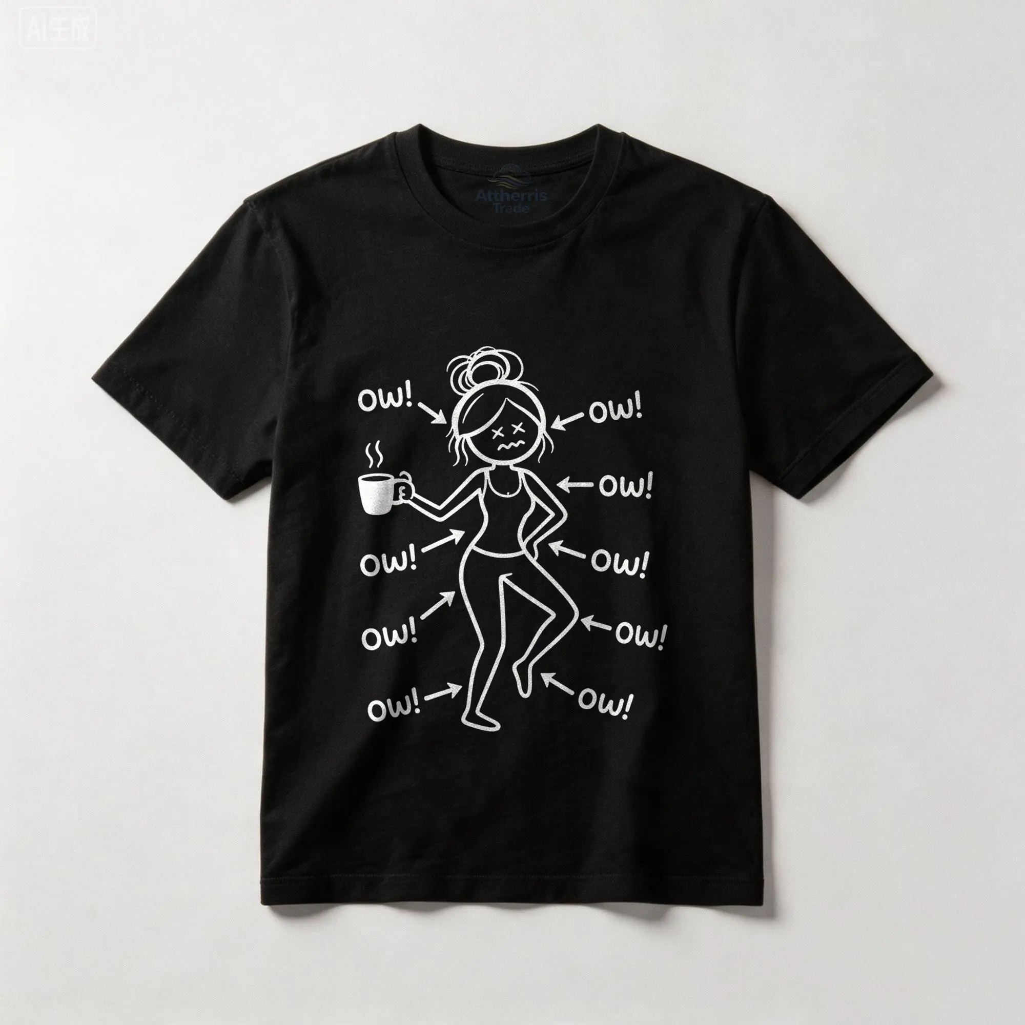 Funny Ow Ow Ow Saying Body Pain Character Humor Women Girls Cotton T-shirt, Graphic Crew Neck Soft Top Short Sleeve Casual Unsex Shirt for Men Women