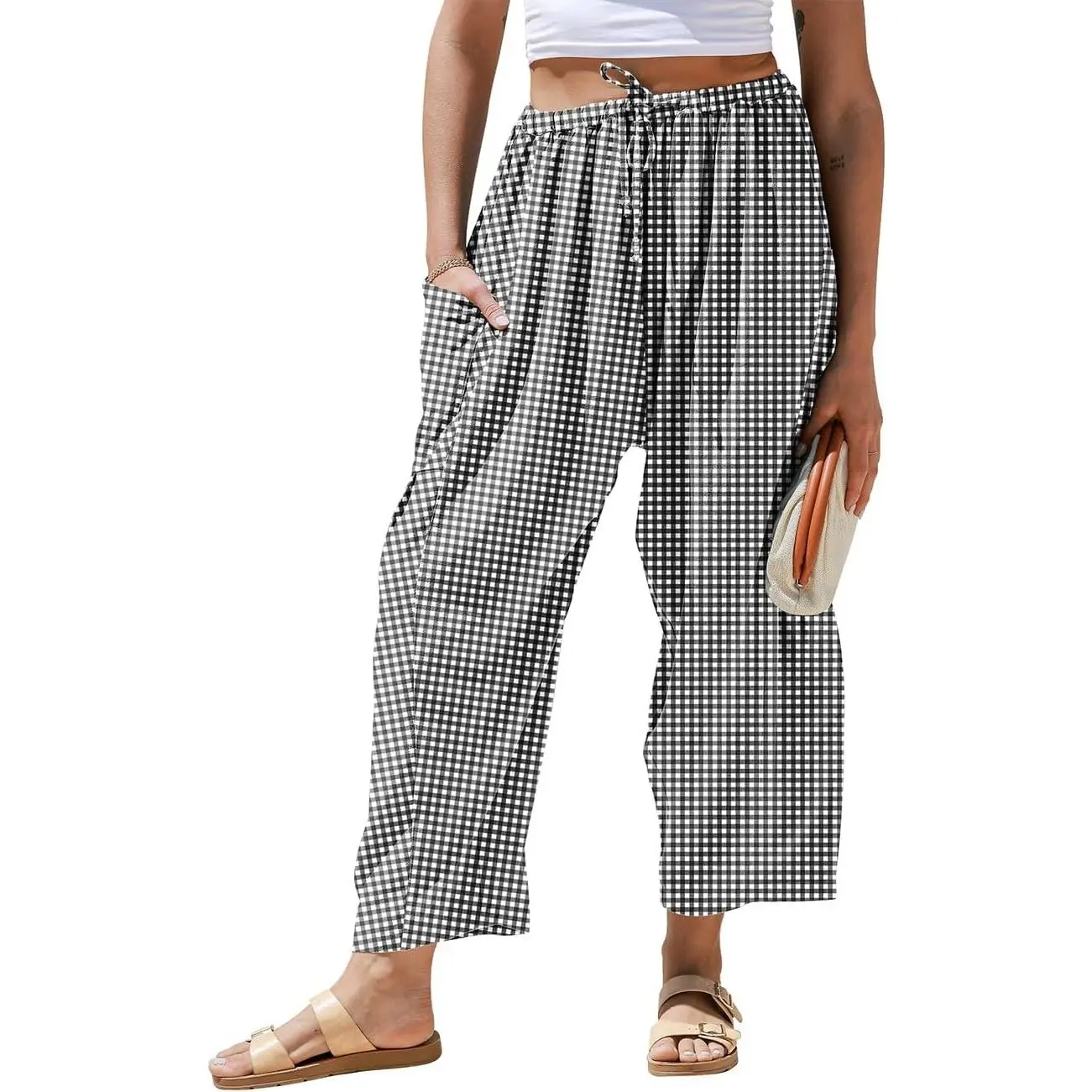 Women's Linen Striped Drawstring Low-Waist Wide-Leg Casual Pants with Loose Fit and Pockets, Linen Fabric