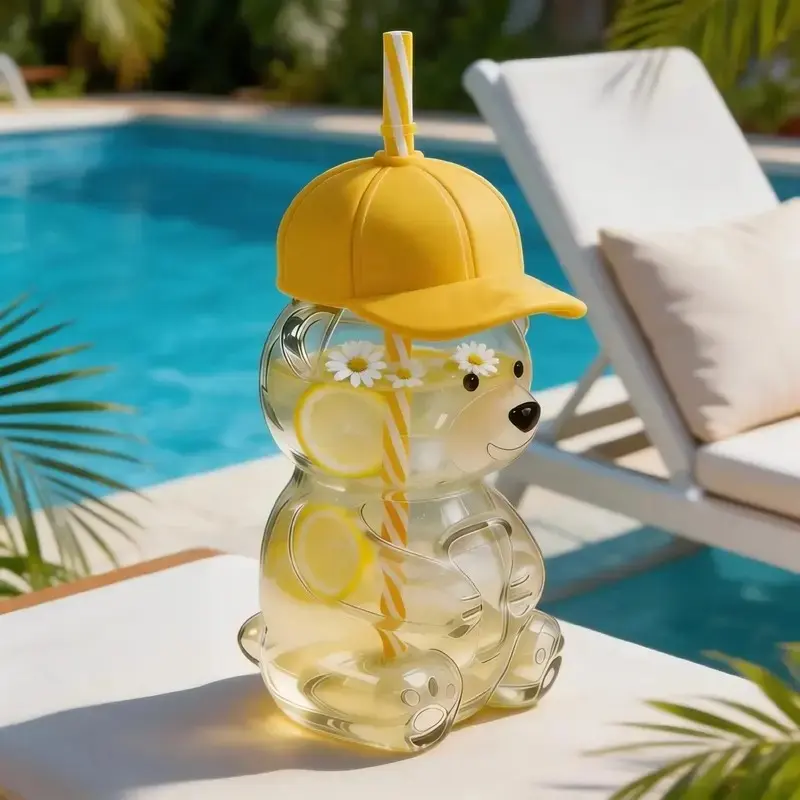 Cute Bear Glass Straw Cup with Lid, Portable Cartoon Design Water Bottle, Perfect Gift for Holidays, Christmas, Summer