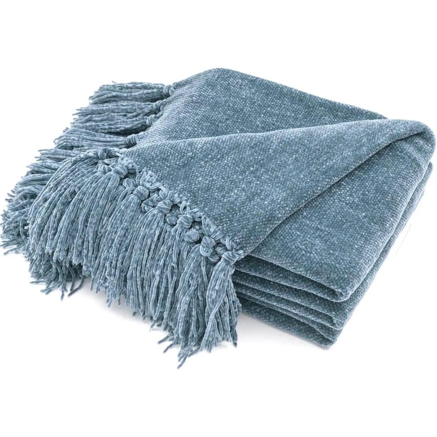 Chenille Throw Blanket for Couch, 50"x60", Dusty Blue | Super Soft Knit Throw Blanket with Fringe Tassels, Lightweight Knitted Throw, Cozy, Ideal for Sofa Chair Bed Living Room Gift