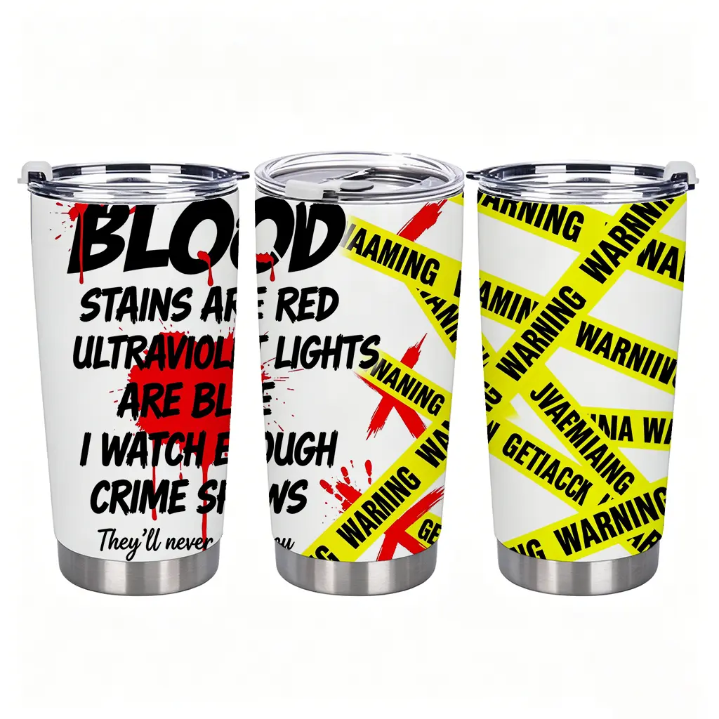 Funny Warning Tape Graphic 20oz (600ml) Round Tumbler, Stainless Steel Insulated Single Cup with Insulated Lid, Unique Travel Mug, Cool Gift for Men, Halloween Party & Office Vacuum Flask, Sturdy, Portable