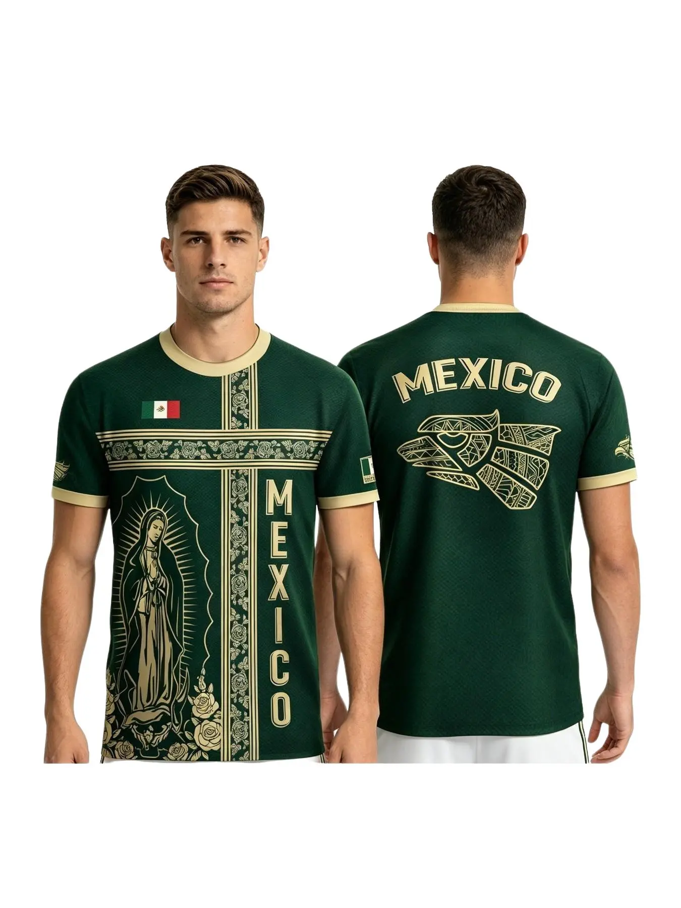 Men's Football Outdoor Sports Fitness Summer Mexican Style Lightweight Breathable Fashion T-Shirt, Casual Long Sleeve Top Without Button