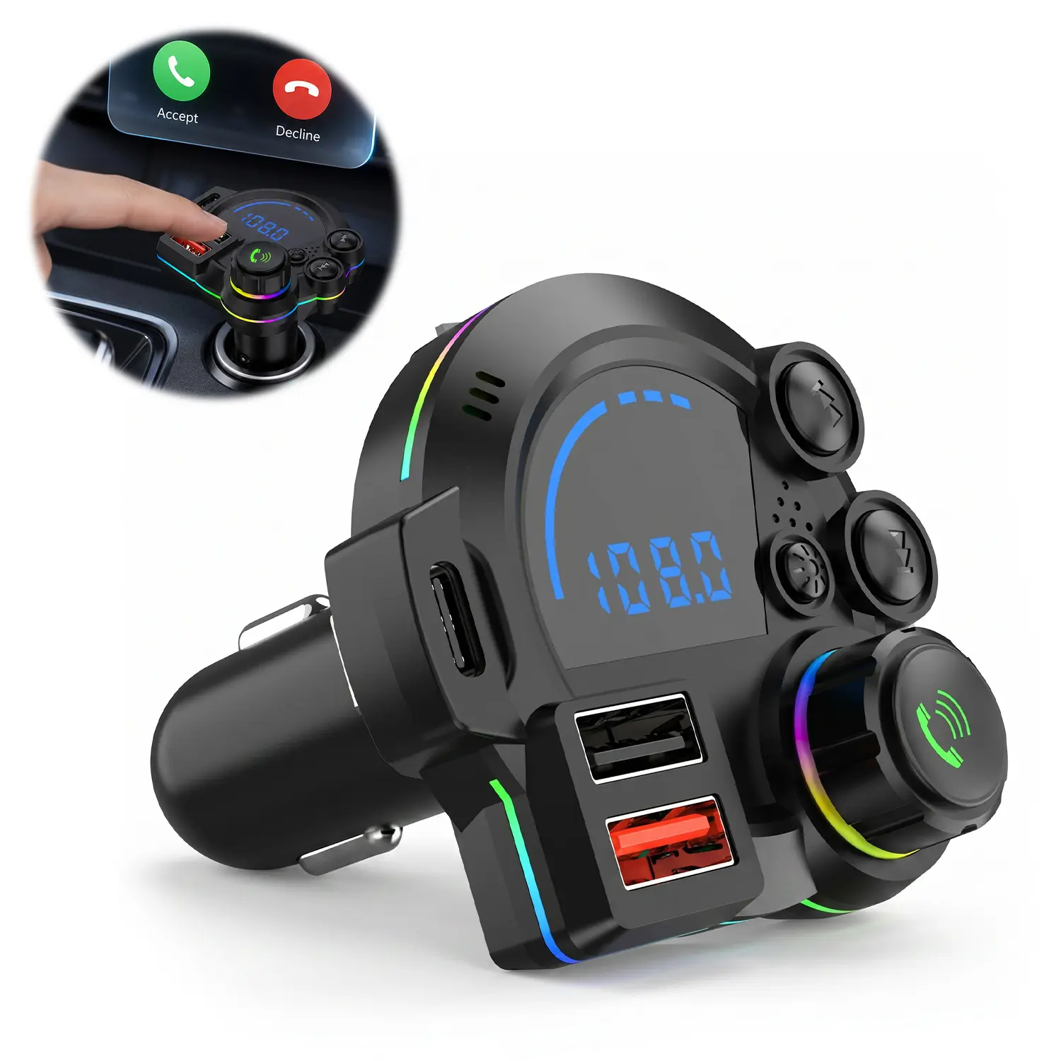 【summerfinds】PD 20W Type-C Car Charger & Bluetooth 5.3 FM Transmitter, Wireless MP3 Player with Dual USB Ports, Bass Sound Enhancer, RGB Glowing Radio Adapter, Hands-Free Calls, Car Accessories & Road Trip Essentials, Compatible with 12V-24V