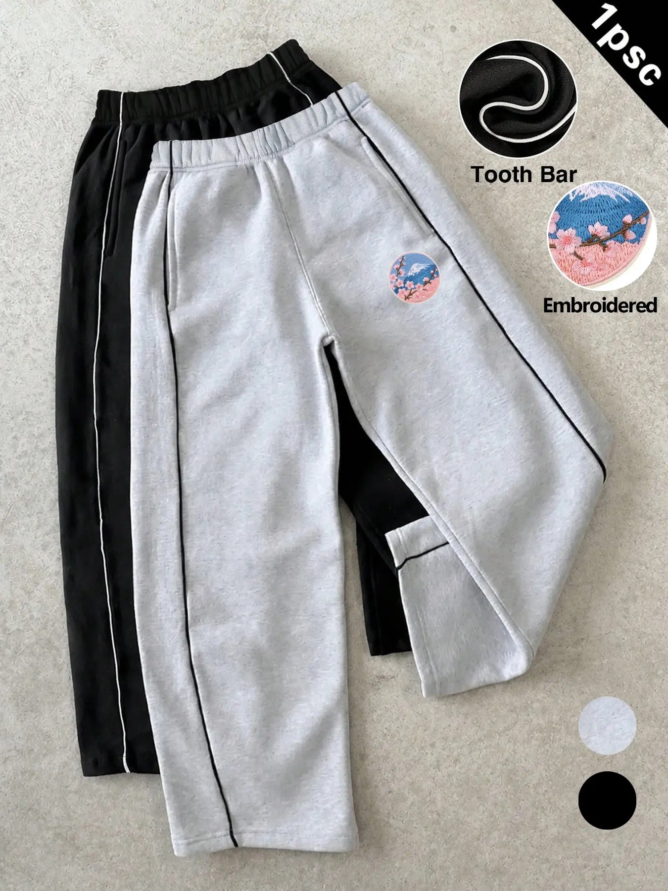 Y2K Street Style Fuji Mountain Cherry Blossom Embroidered Wide Leg Sweatpants, Soft Ribbed Fabric, Elastic Waist, Ideal for Travel, Fitness, Daily Wear