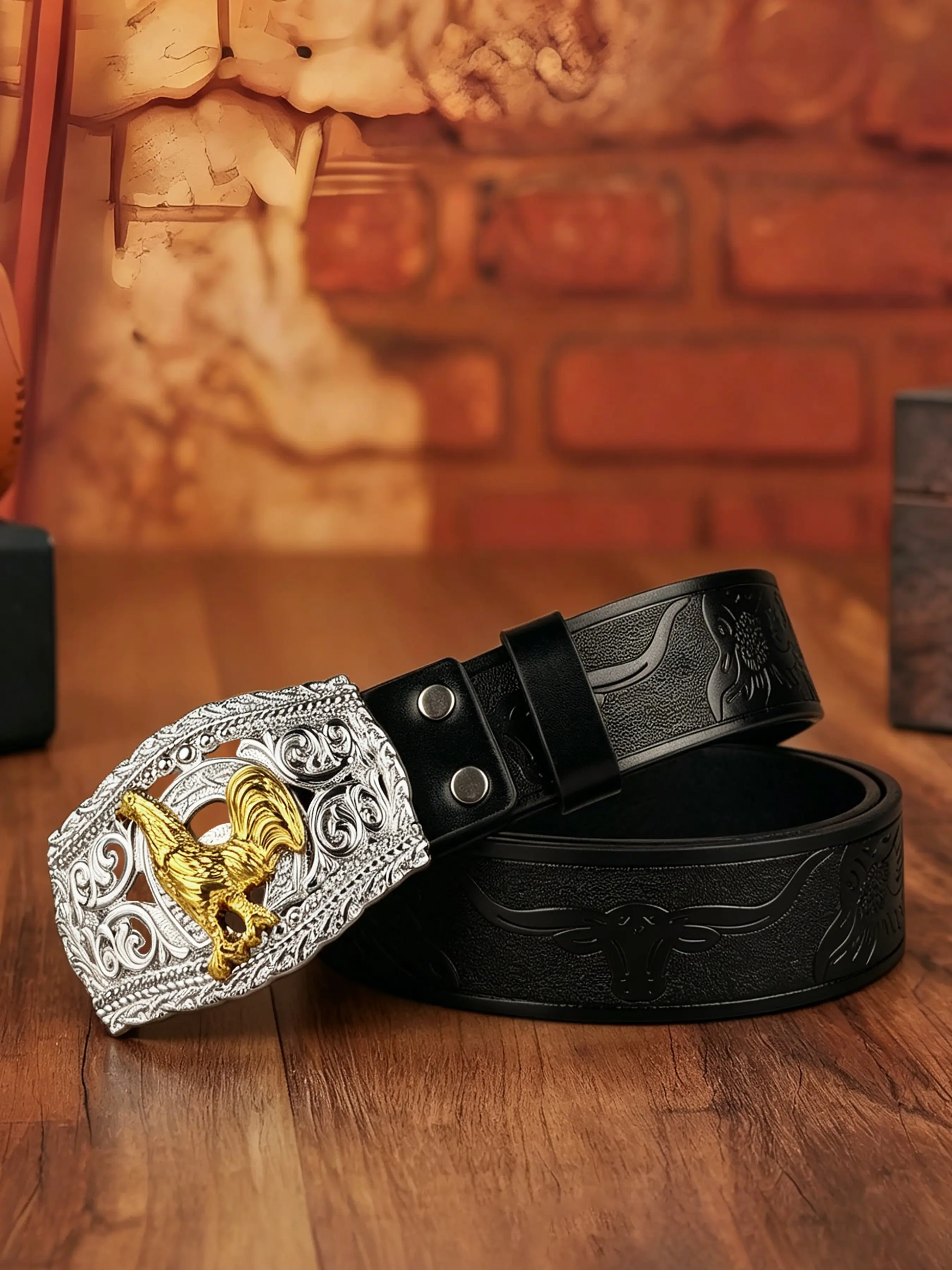A rooster relief hollow element Western style board buckle 3.7cm/1.46in wide PU embossed waist belt for both men and women, retro and personalized, Unisex Statement Belt Pu Leather Belts