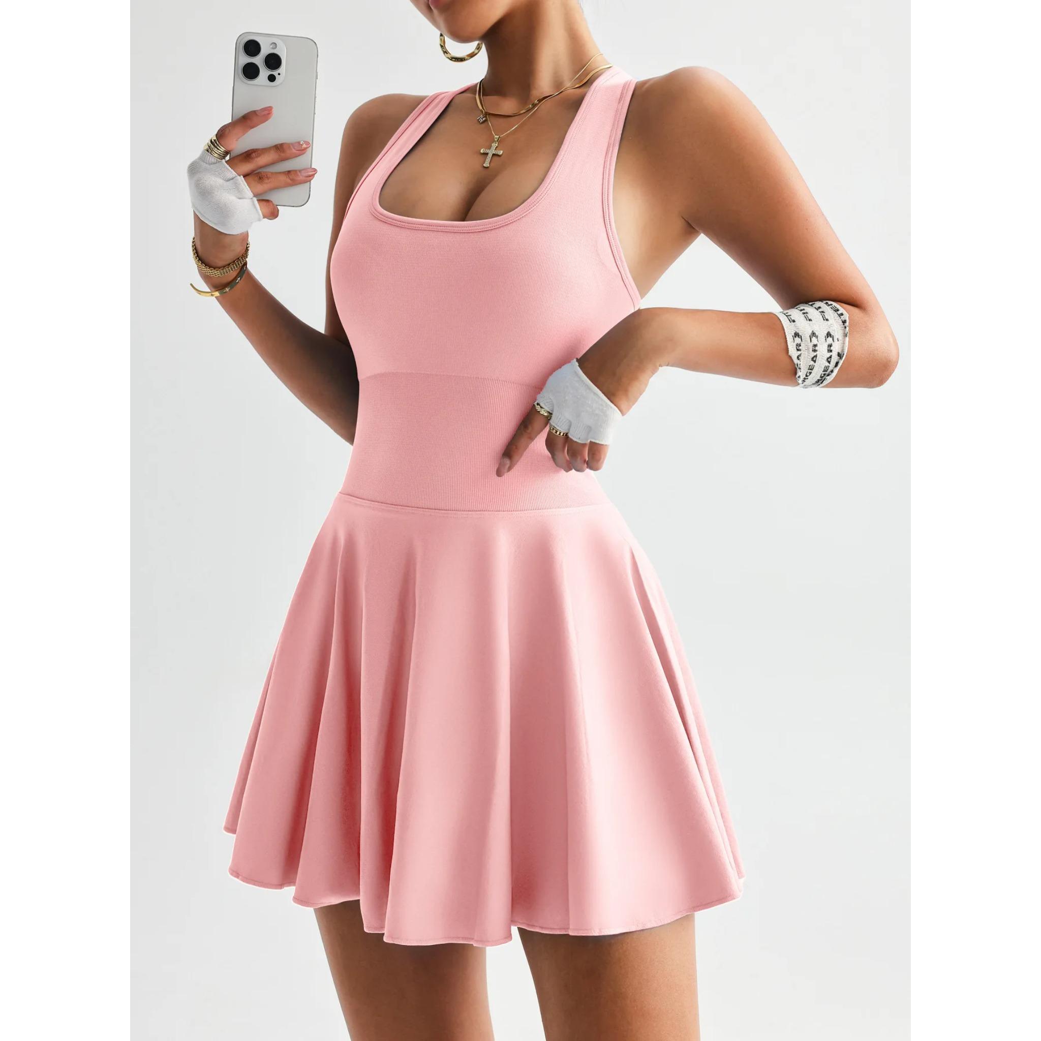 Women's tennis dress one-piece slim fit soft sportswear golf badminton suit with chest cushion sports yoga suit, Women's Seamless Racerback Tennis Dress with Built-in Shorts, Golf Activewear with Pockets