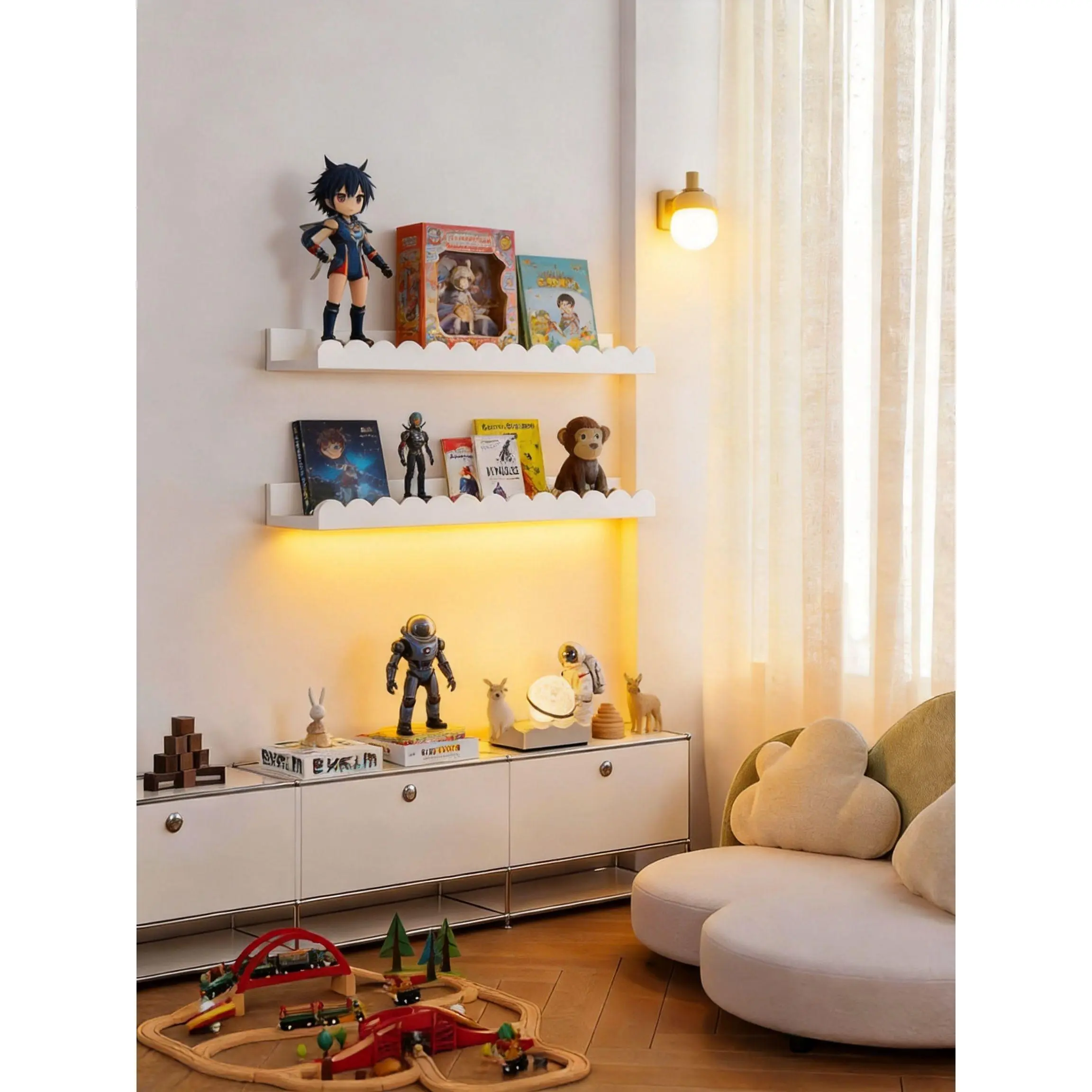 Elegant White Wall-Mount Floating Shelves - Fan-Shape Design, 16.5" Deep, Hardware-Included Home Decor for Kid Room