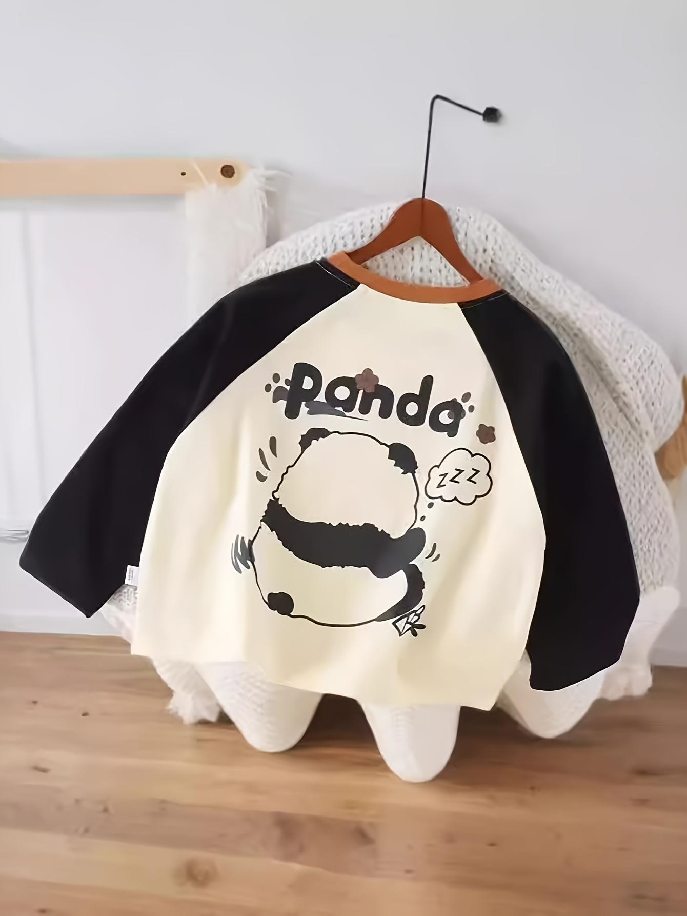 New1pc & Korean-Style Cute Panda Print T-Shirt with Raglan Sleeves - Korean Fashion Color-Block Round Neck Loose Fit Top, Panda & Korean Lettering Design (No Letters on ' Version), Spring/Fall Outfits, Casual