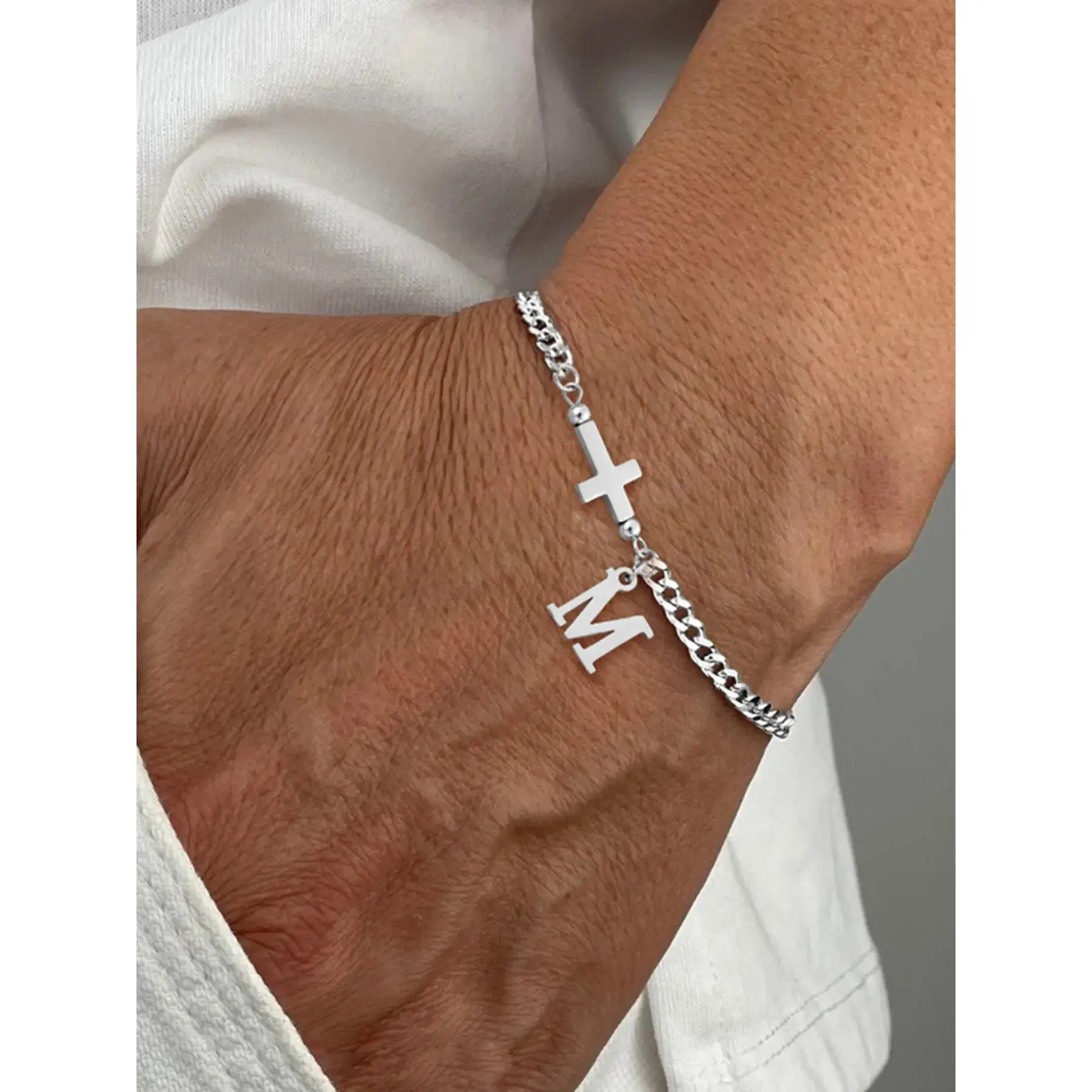 Men's Silver Color Initial Cross Bracelet, Vintage Stainless Steel Chain, Casual Style, All Seasons Wear, Letter Link Bracelet, Initial Letter Bracelets, Men Jewelry mal de ojo natural crystal Gothic Exaggerated Skeleton Hand motivational affordable jesus