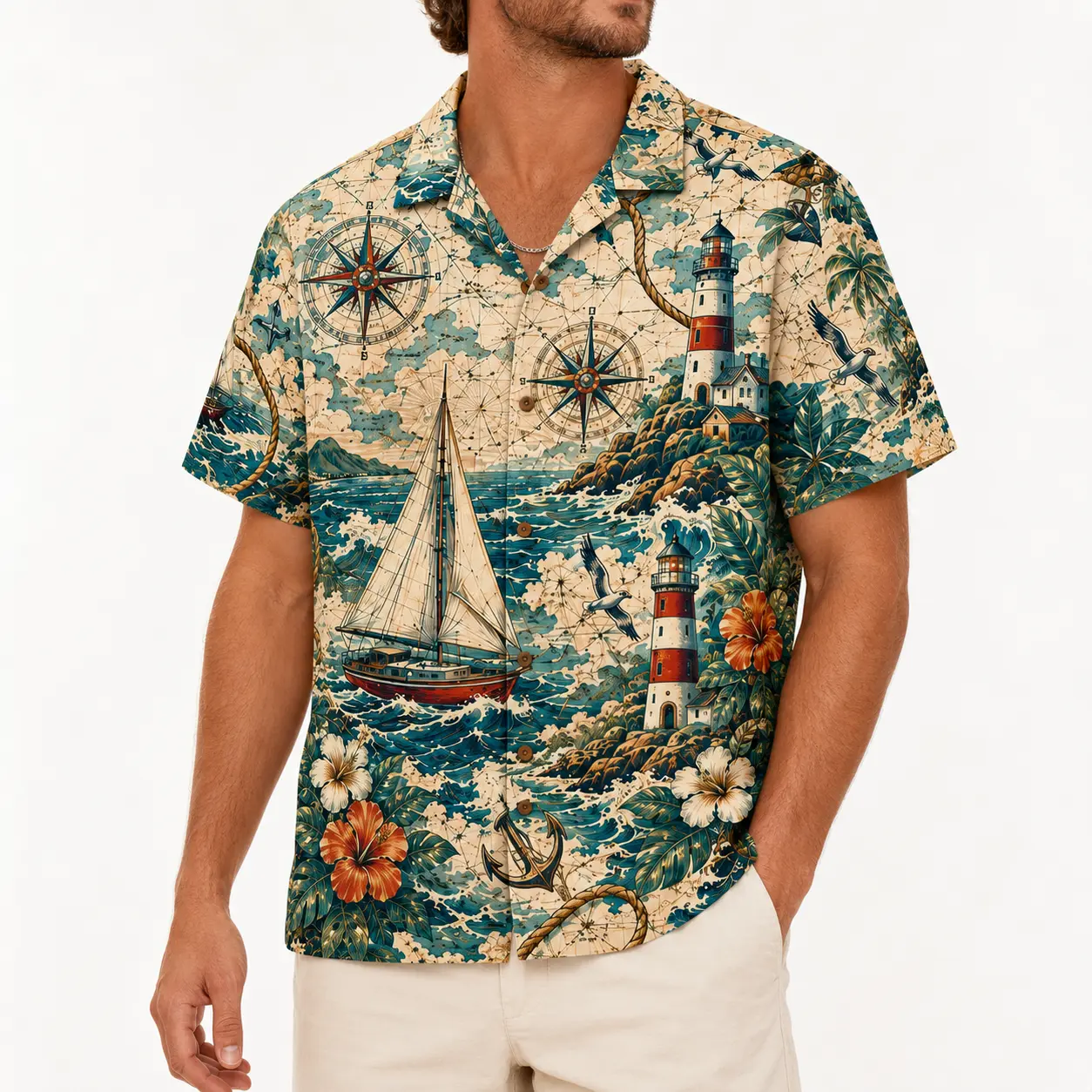 Men's Hawaiian Shirt, Nautical Lighthouse Sailboat Print,  Camp Collar,  Vintage All Over Aloha Shirt, Tropical Beach Vacation Cruise Resort Summer Party Top,outfits,men's wear,men fashion,summer men fashion clothes,football jersey,fan jersey,fan cheering
