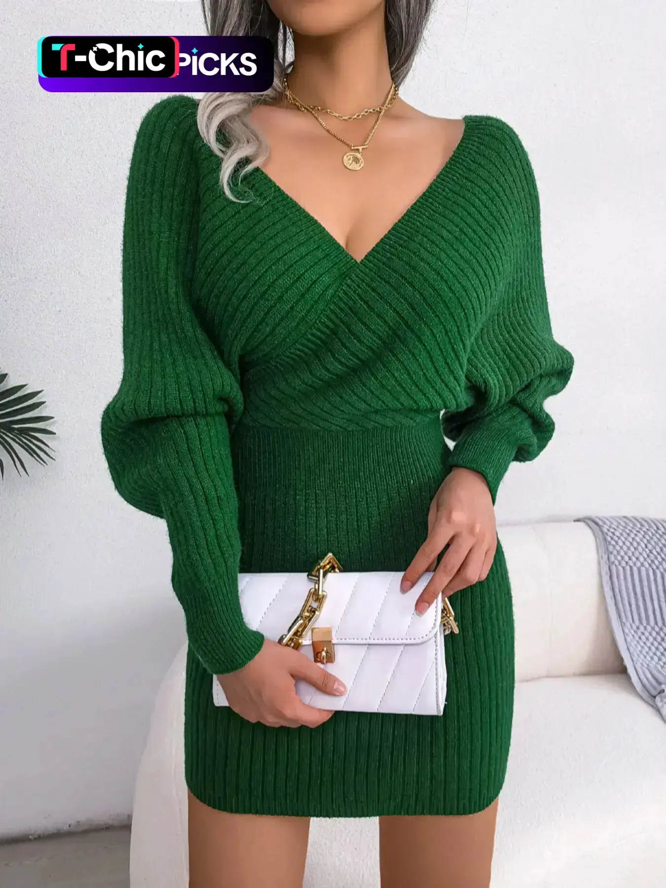Women's Plain Solid Wrapped V Neck Leg-of-mutton Sleeve Sweater Dress, Slim-fit Long Sleeve Bodycon Jumper Dress, Womenswear