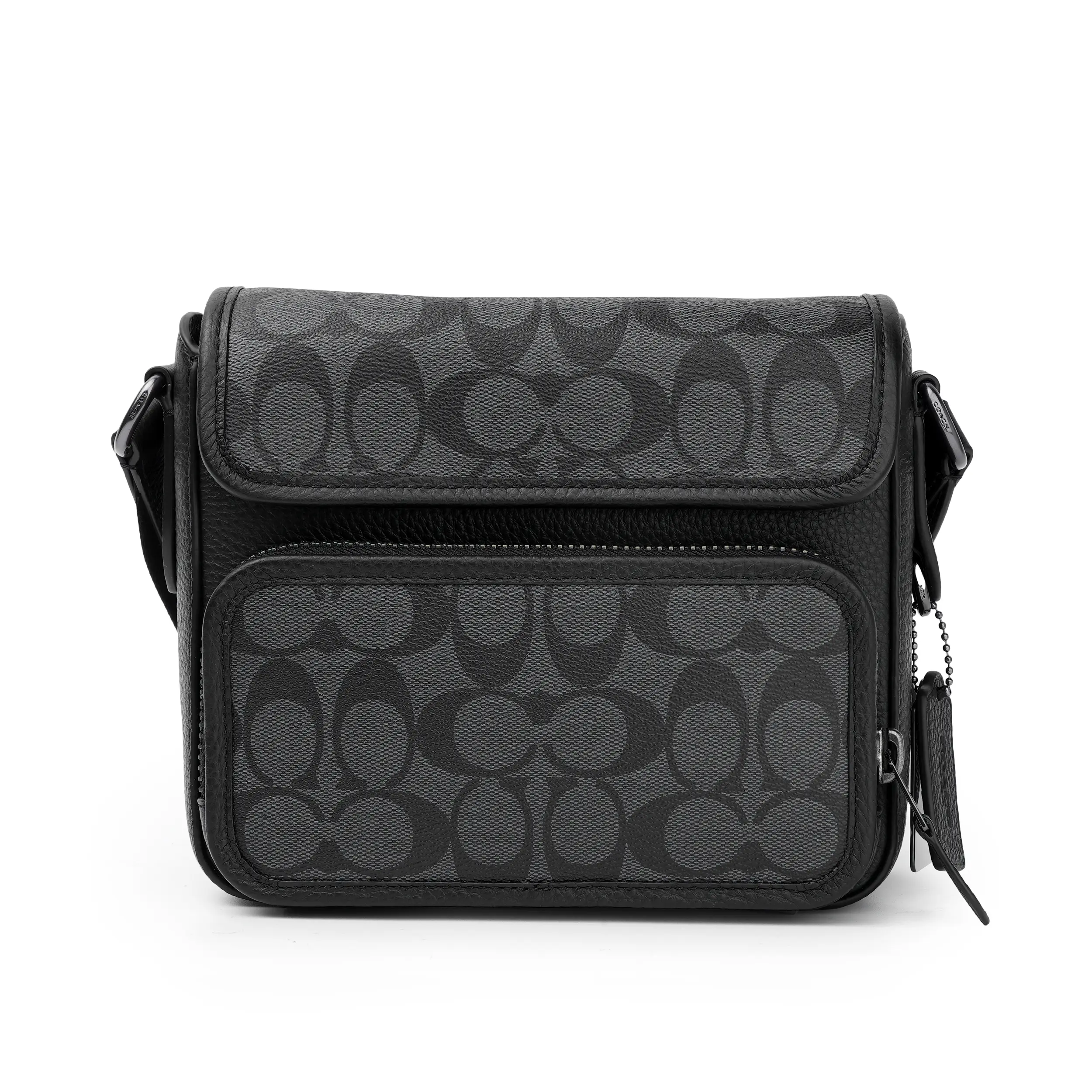 COACH Sullivan 20 Classic Monogram Metal Logo Charm Flap Crossbody Messenger Bag for Men, Black Leather