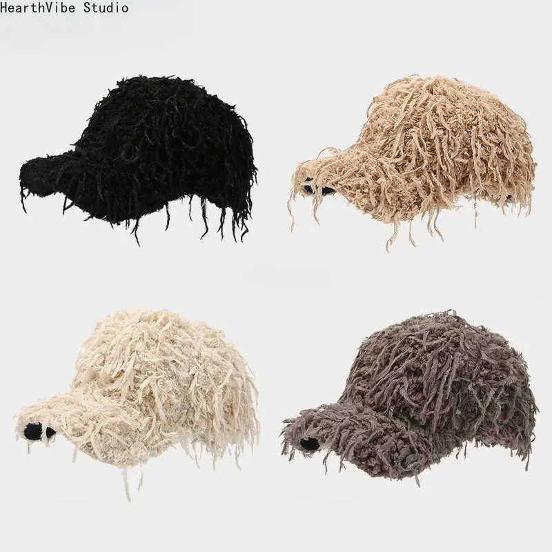 Fuzzy Ghillie Suit Baseball Cap, Shaggy Tassel Distressed Trucker Hat Furry Y2K Streetwear Sun Visor Caps for Men Women, Outdoor Tactical Hunting Camo Hip Hop Harajuku Style Headwear Accessories