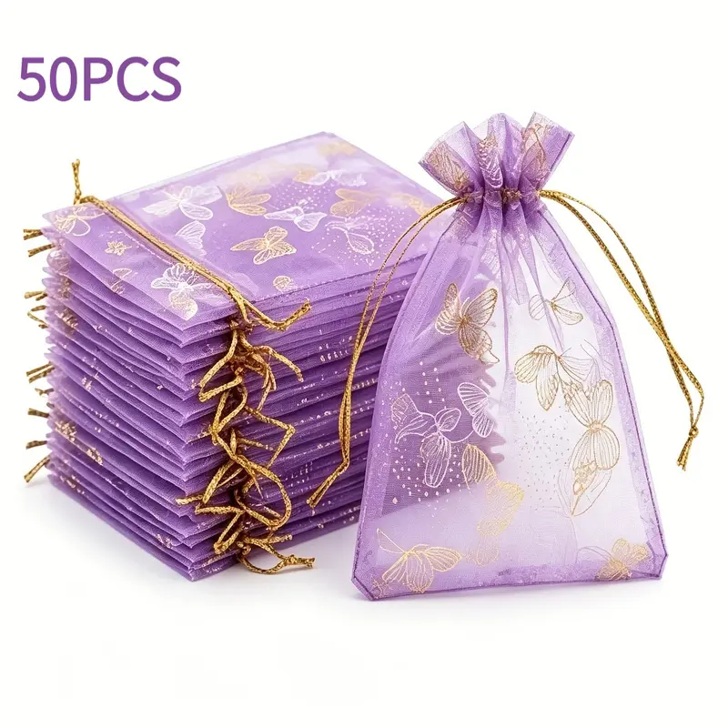 50 Pcs Light Purple Organza Drawstring Bags with Gold Silver Foil Butterfly Prints, 3.54x4.72 Inches Mesh Jewelry Pouches, Ideal Gift Packaging Bags, Goodie Bags for Wedding, Bridal Shower & Party Favors