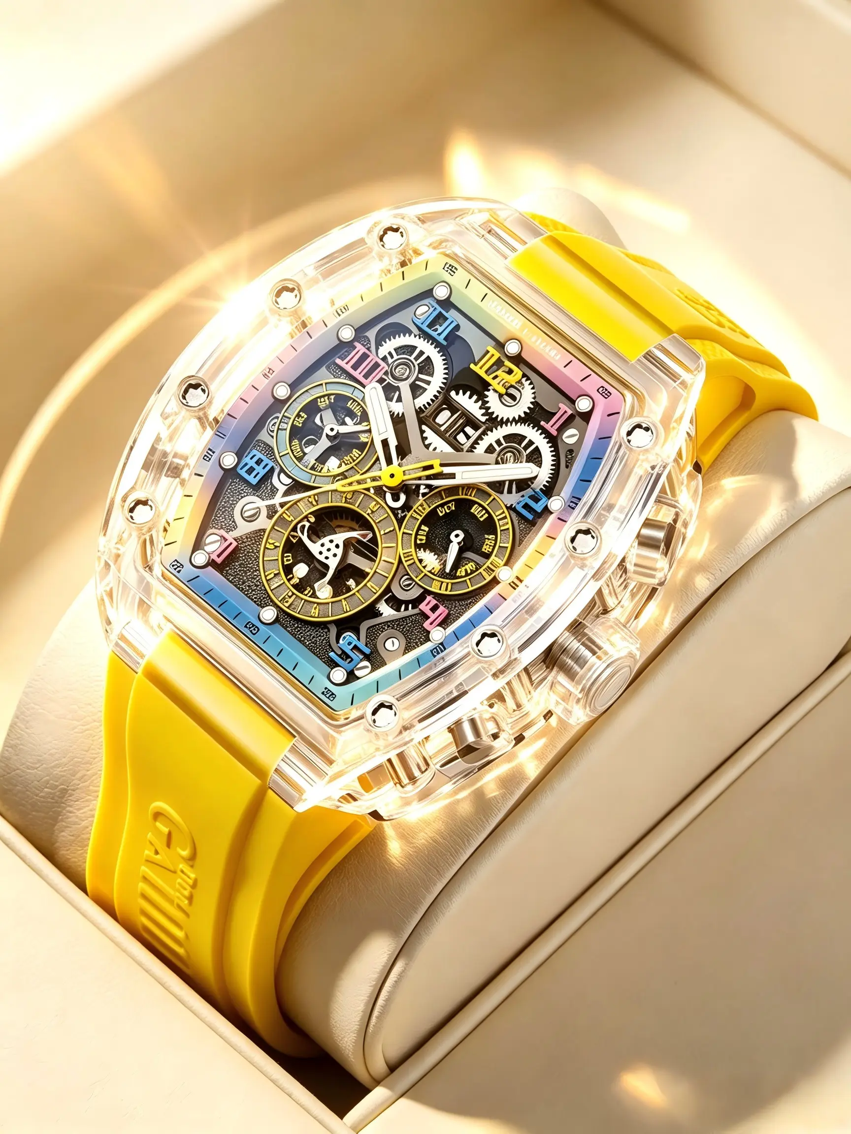 Bonest Gatti Men's Mechanical Watch, Transparent Case, Colorful Dial, Night Light, Multiple Straps, Fashionable, Gift Idea