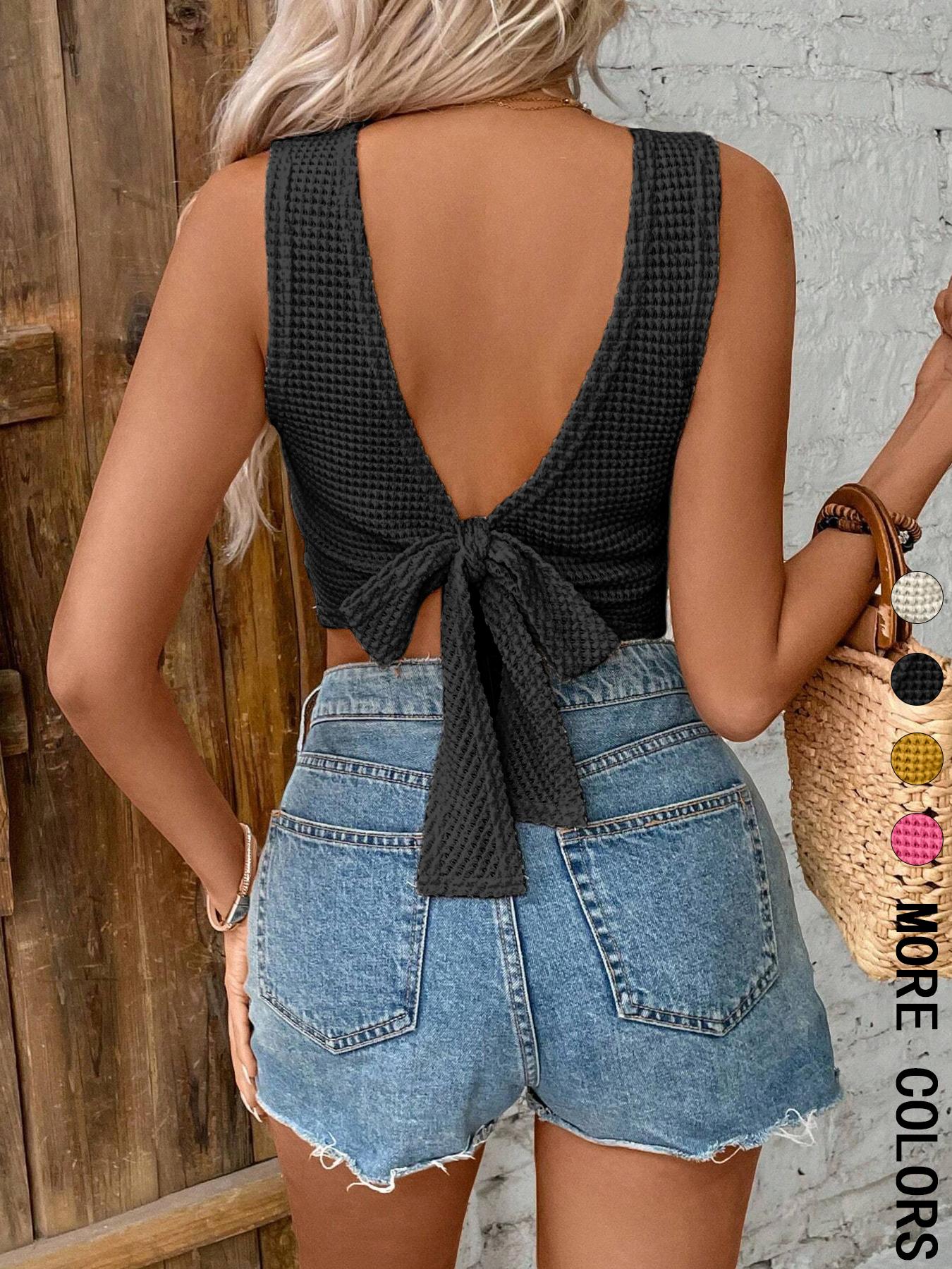 Women's Plain Tie-Back Waffle Knit Fitted Tank Top, Casual Comfy Sleeveless Top for Daily Wear, Ladies' Top for All Seasons Women's Plain Tie-Back Waffle Knit Fitted Tank Top, Casual Comfy Sleeveless Top for Daily Wear, Ladies' Top for All Seasons