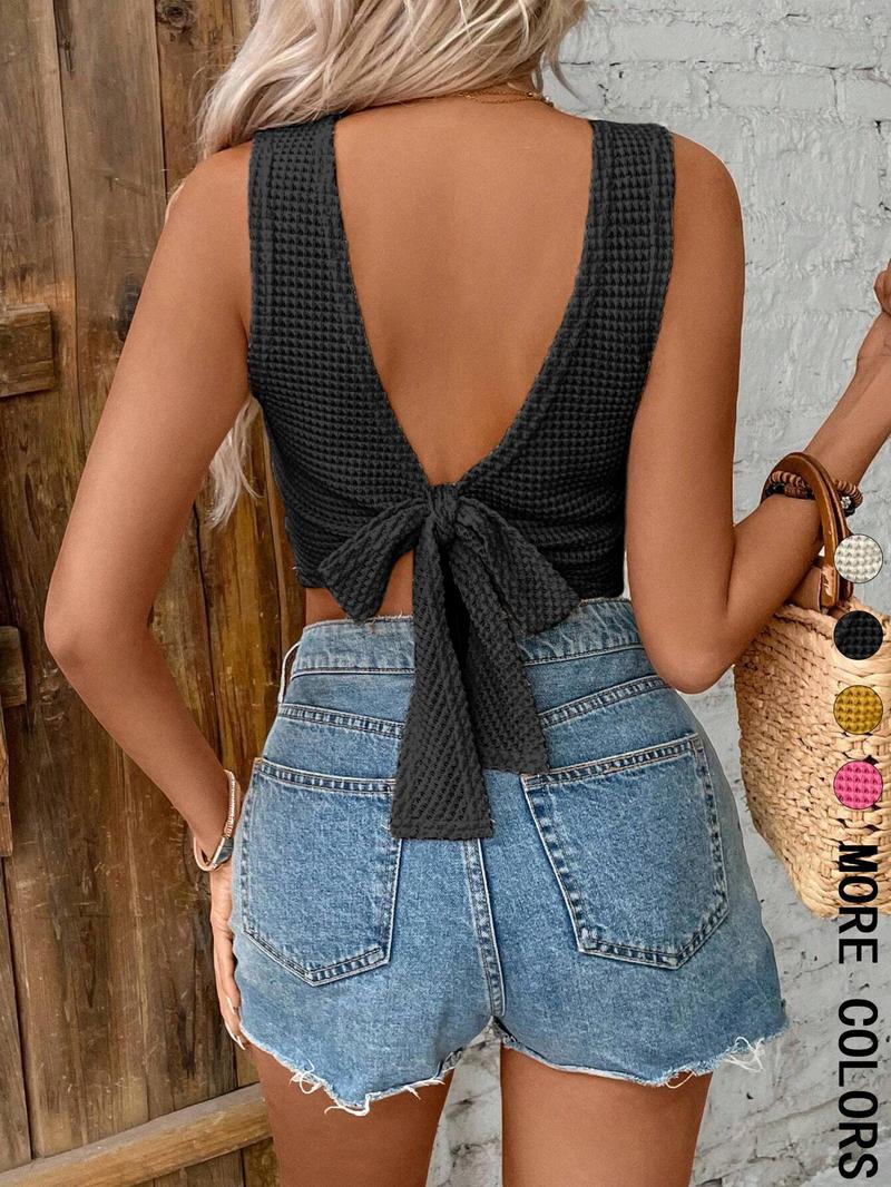 Women's Plain Tie Back Waffle Knit Tank Top, Cami Top, Casual Sleeveless Top for Daily Wear, Ladies Clothes for All Seasons