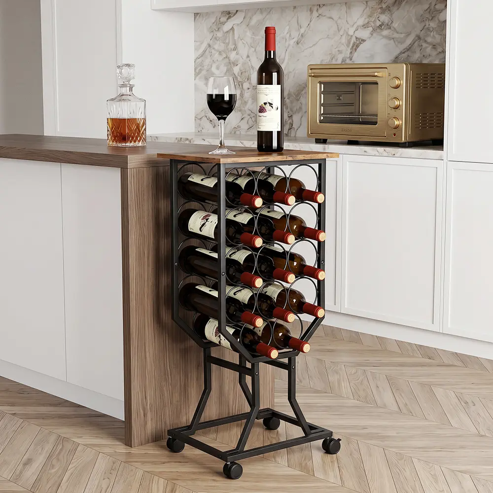 Wine Rack Freestanding Floor, 12 Bottle Slim Wine Rack with Wooden Table Top, Wine Bottle Holder with Retro Wooden Top Panel, Wine Display Shelves with 4 Silent 360° Lockable Rolling Casters for Home Bar Kitchen Dining Room