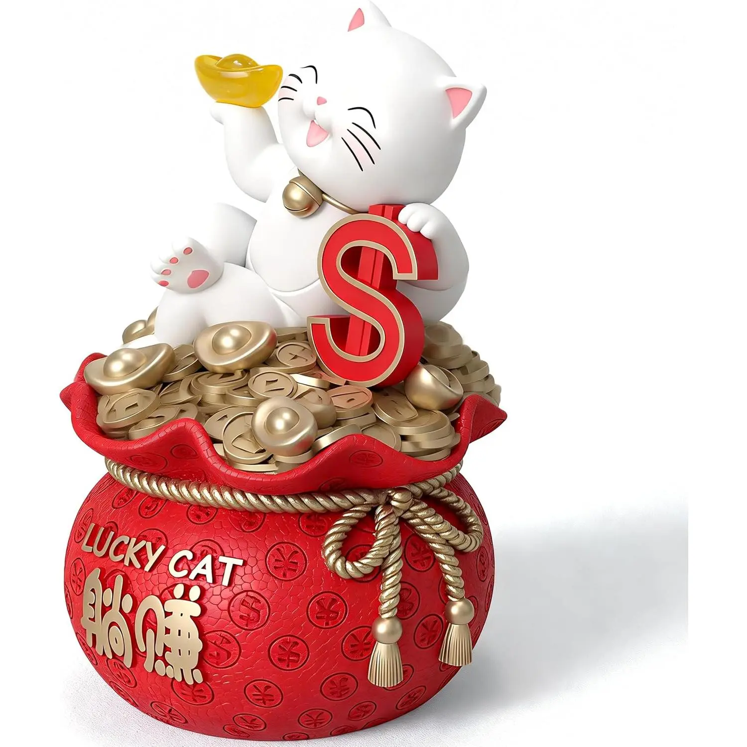 Aris & Juno Large Lucky Cat with Money Bag, 12.6" Red Maneki Neko Figurine with Coin Storage - Piggy Bank Decor for Home Office, Chinese Fortune Symbol Gift for Housewarming, Business Opening animal