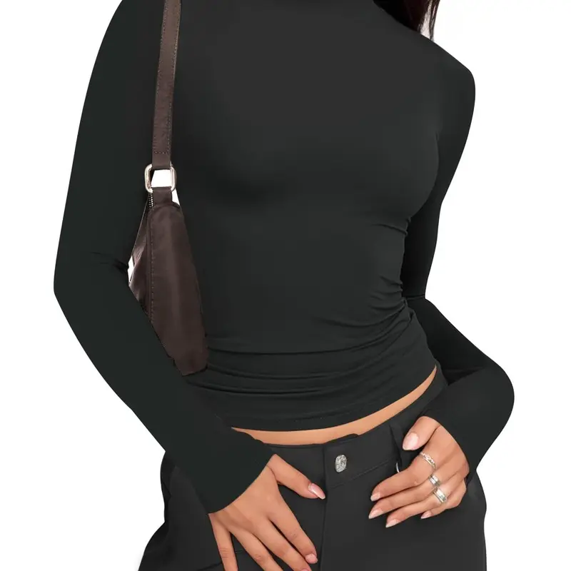 Women's Mock Neck Fitted Longsleeves T-Shirt, Stretchy Knit Fabric Top, Casual Basic Layering Piece for Dress Pairing